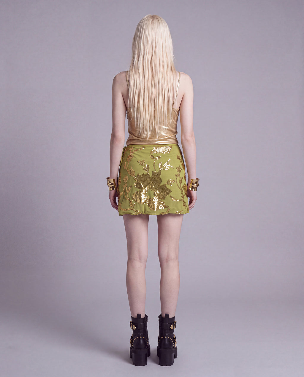 Sequin Embroidered Wrap Mini Skirt with Side Tie Detail