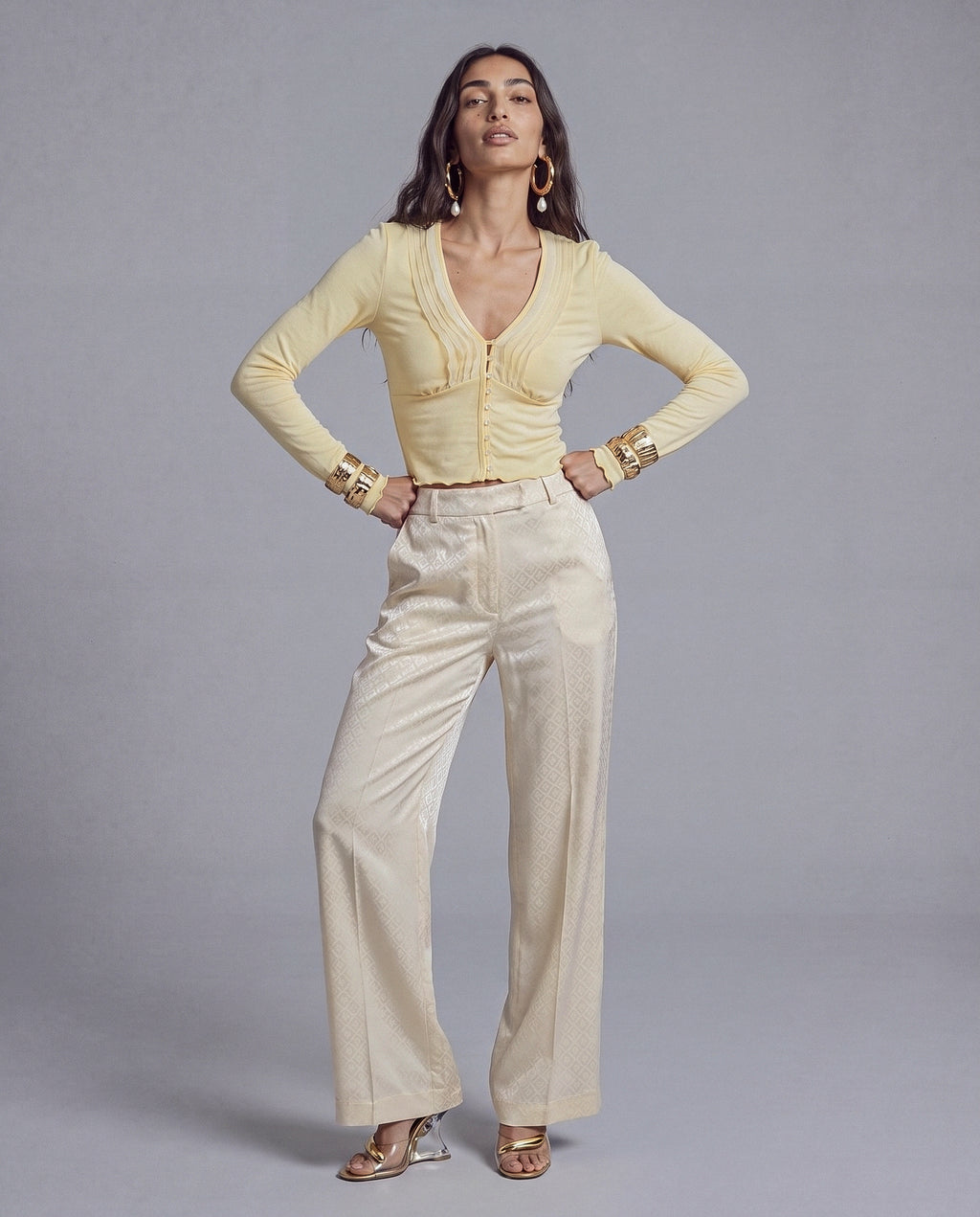 Deep V Pleated Long Sleeve Top with Button Front and Lettuce Hem