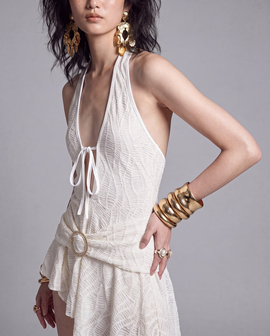Lace Halter Mini Dress with Plunging Tie Front and Draped Hip Detail