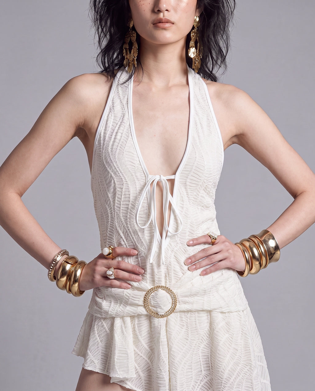 Lace Halter Mini Dress with Plunging Tie Front and Draped Hip Detail