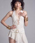 Lace Halter Mini Dress with Plunging Tie Front and Draped Hip Detail
