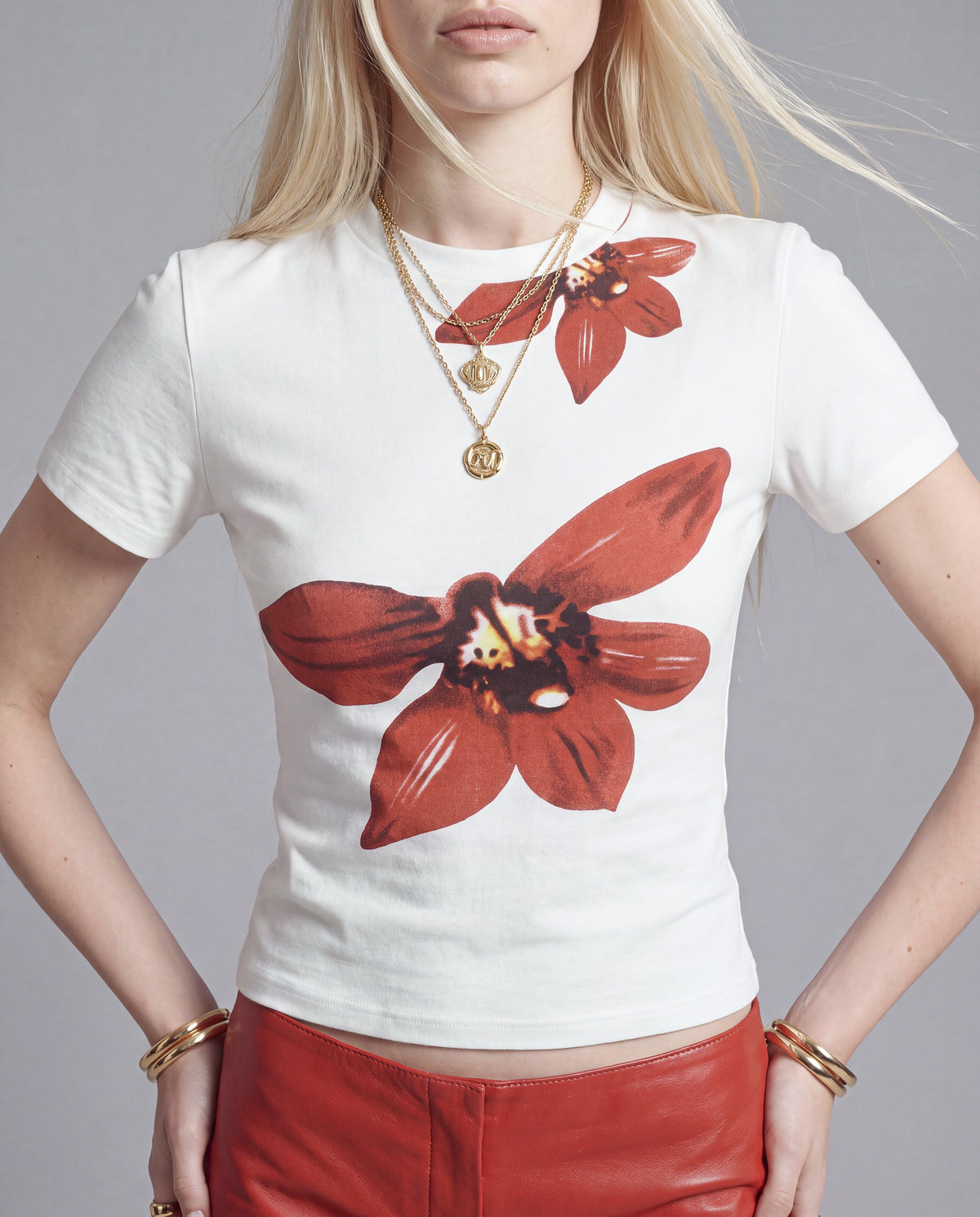 Floral Print Fitted Short Sleeve Top with Mock Neckline
