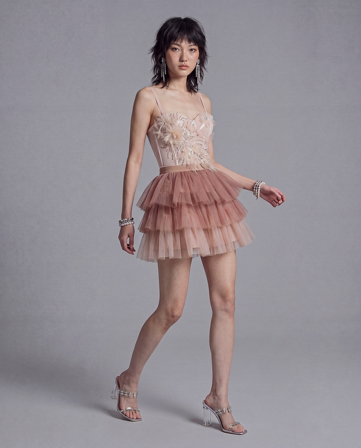 Embellished Floral Longline Corset Top with Sheer Mesh and Pointed Hem