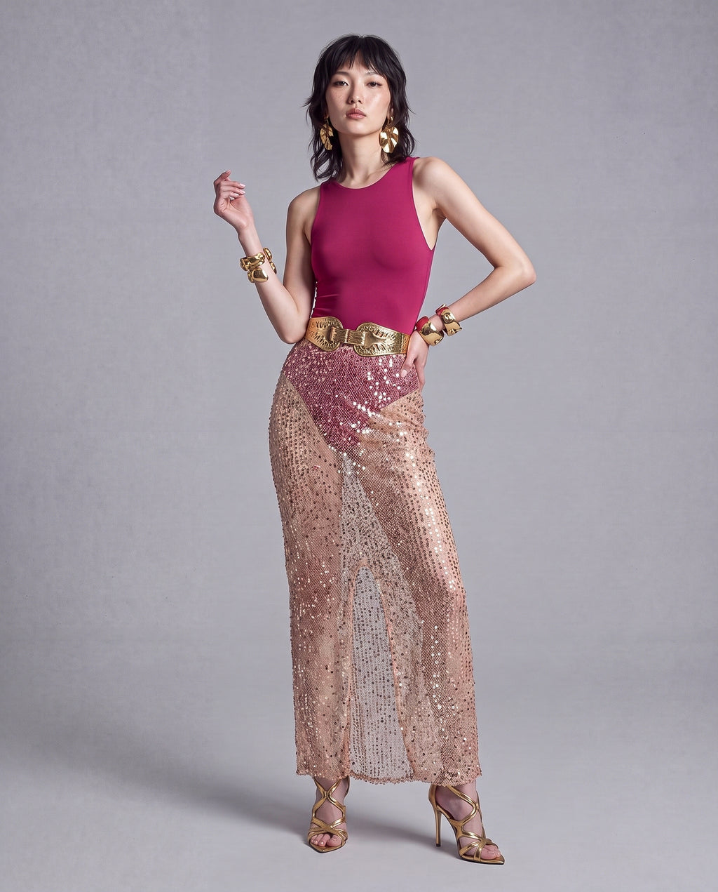 Sheer Sequin Maxi Skirt with High Rise and Back Slit