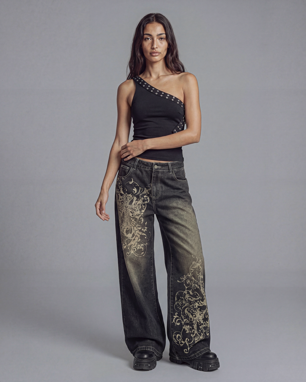 One Shoulder Stud Strap Buckle Top