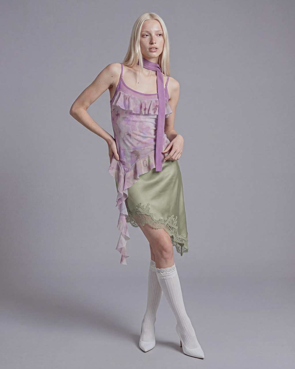 Sheer Ruffle Tie Dye Asymmetrical Top with Scarf