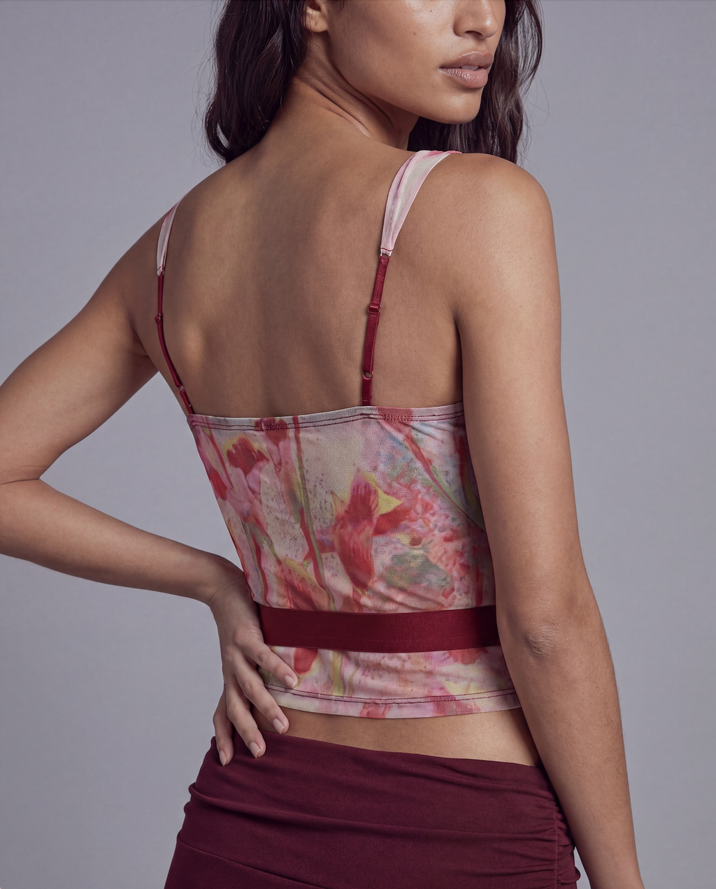 Floral Corset Top with Contrast Mock Boning