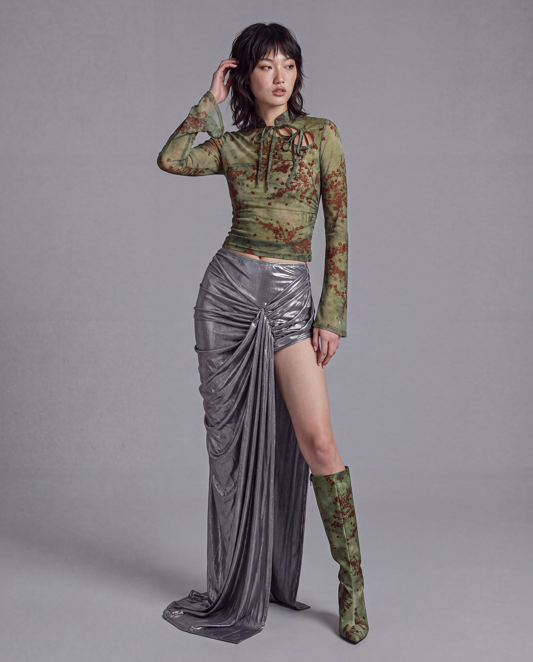 Metallic Draped High Slit Maxi Skirt with Gathered Front Detail