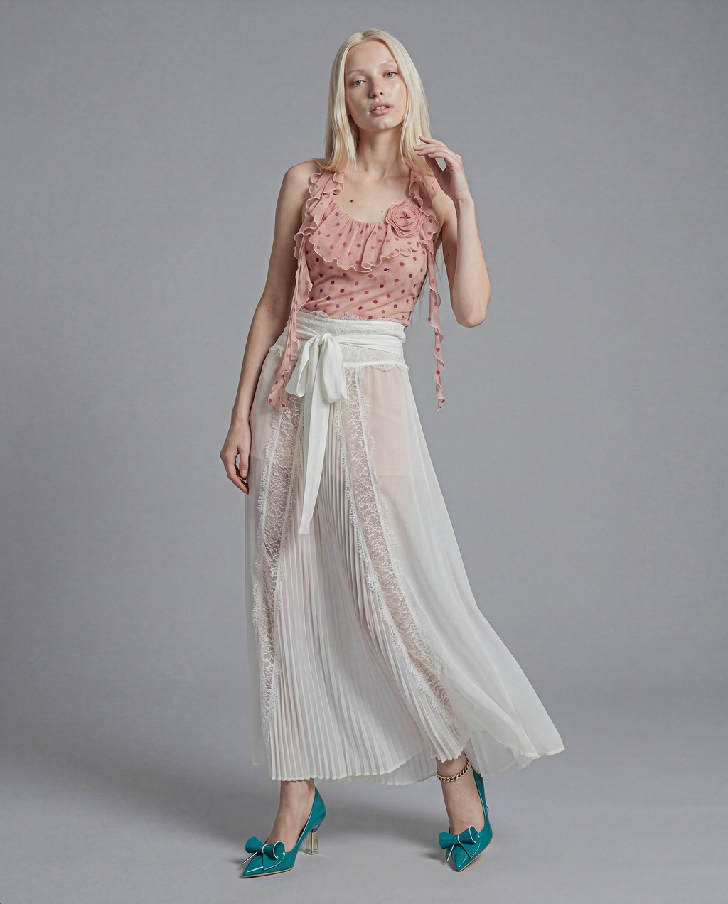 Sheer Lace Panel Pleated Maxi Skirt with Waist Tie Detail