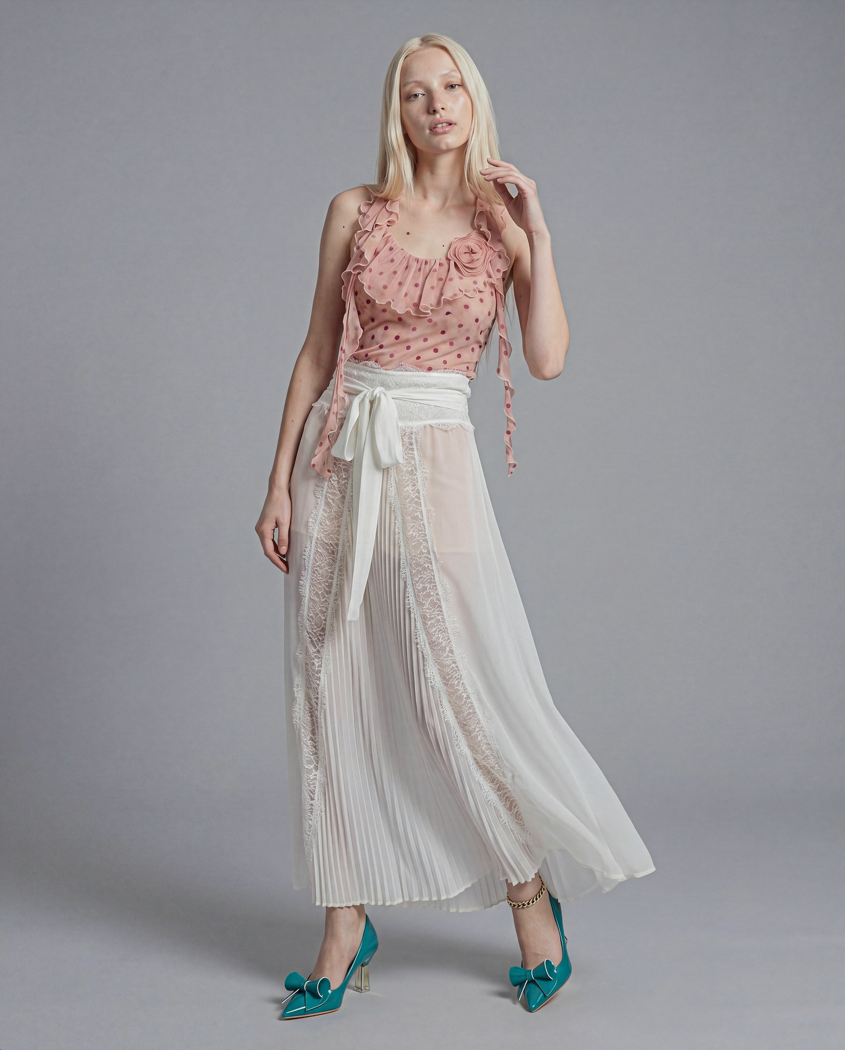 Sheer Lace Panel Pleated Maxi Skirt with Waist Tie Detail