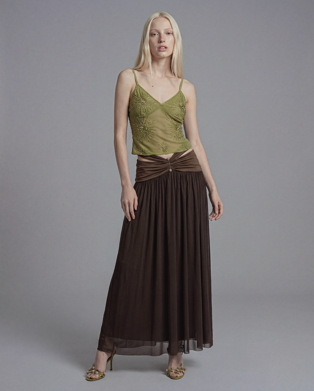 Ruched Waist Maxi Skirt with Hardware Detail and Sheer Overlay