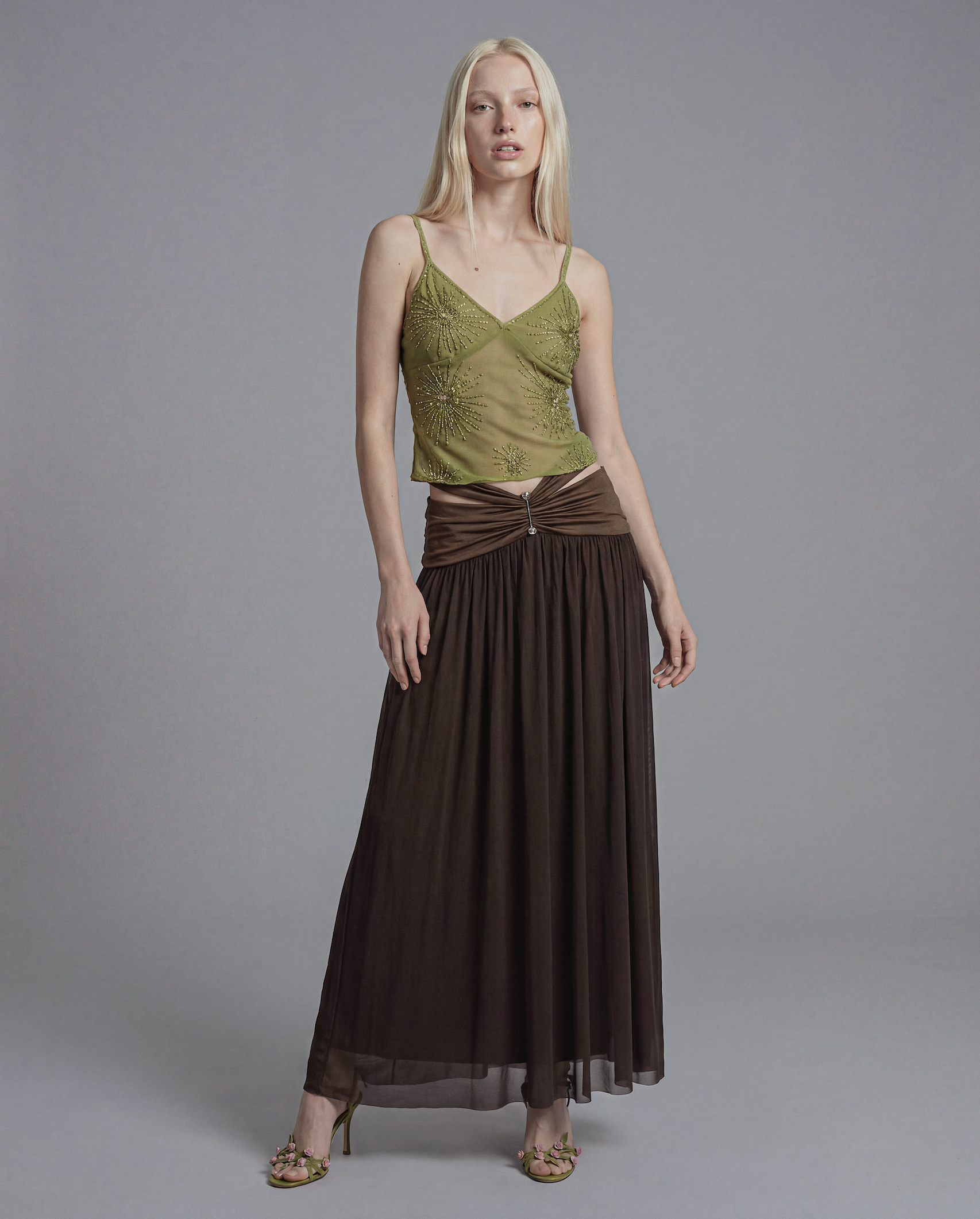 Ruched Waist Maxi Skirt with Hardware Detail and Sheer Overlay