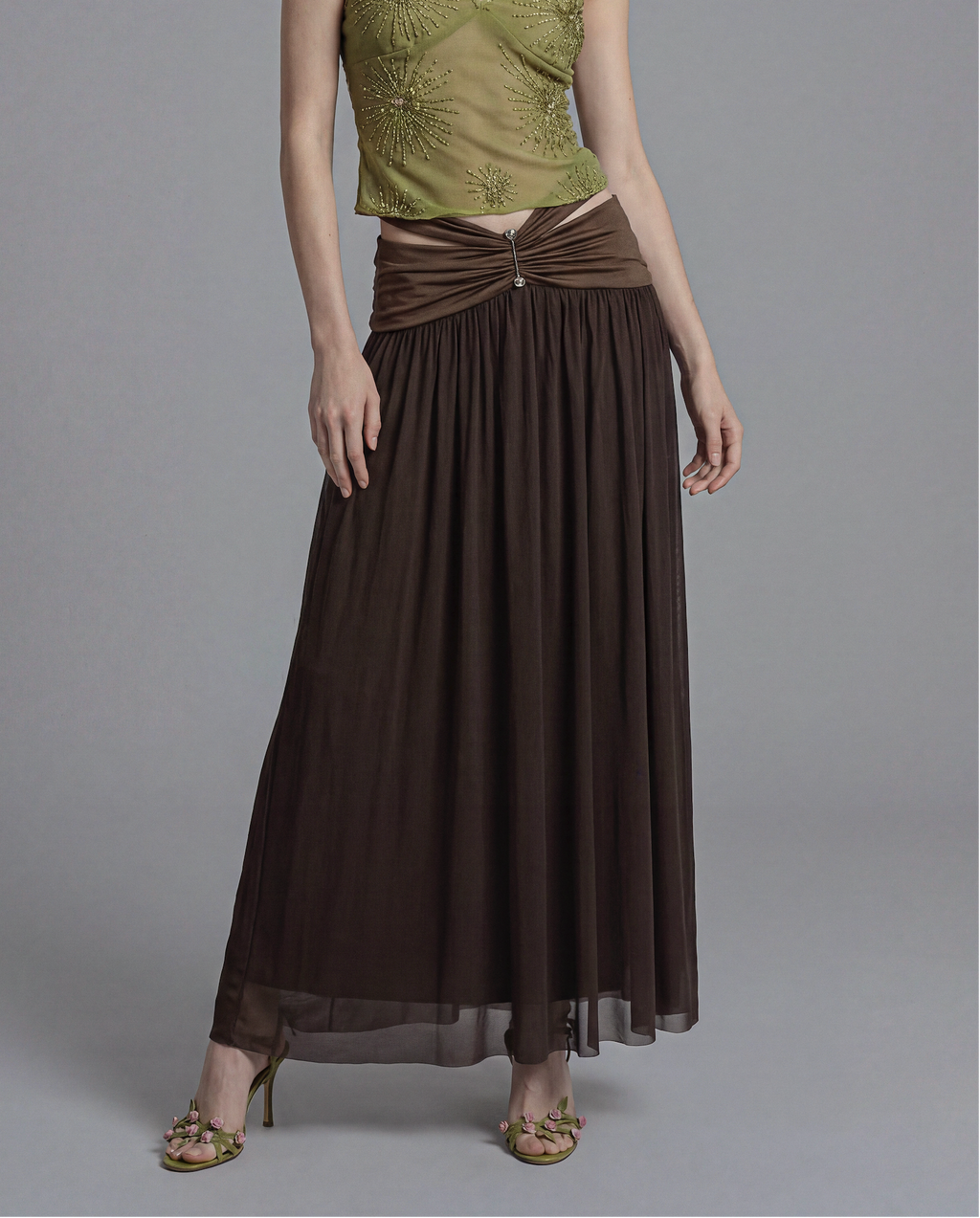 Ruched Waist Maxi Skirt with Hardware Detail and Sheer Overlay
