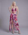 Cutout Halter Maxi Dress with Ruffled High Slit and Sheer Overlay