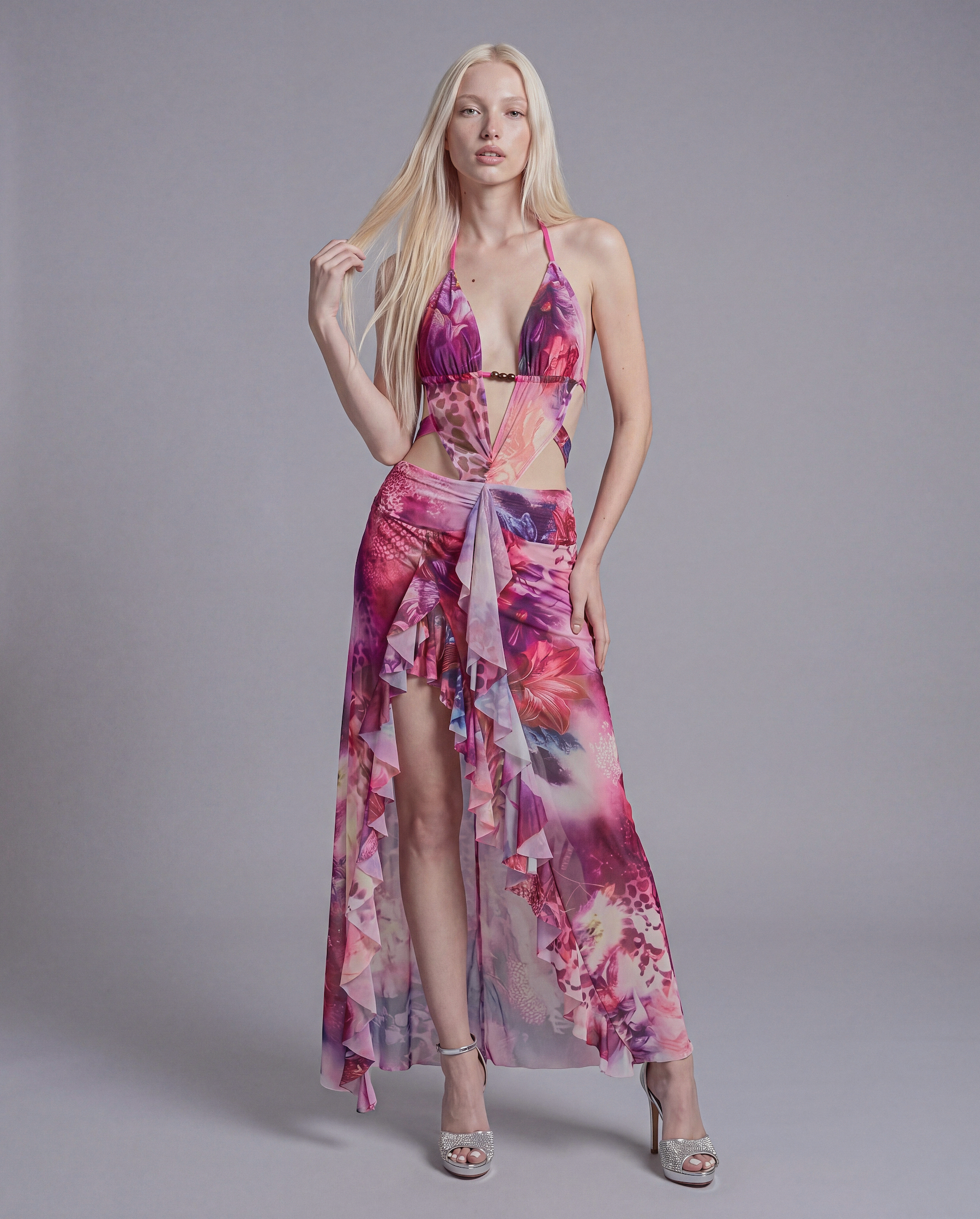 Cutout Halter Maxi Dress with Ruffled High Slit and Sheer Overlay