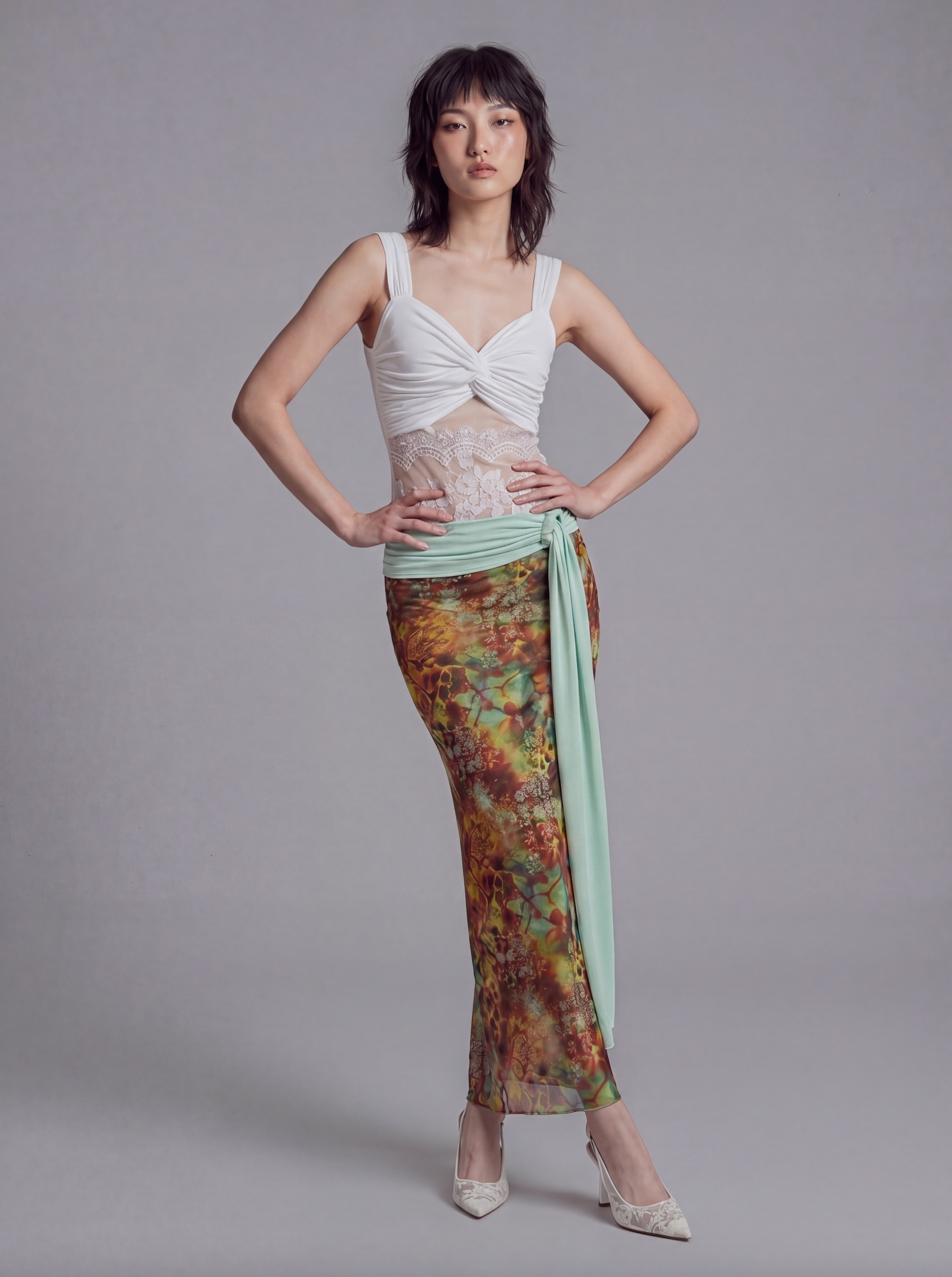 Twist Front Tank Top with Lace Panel Waist and Wide Shoulder Straps