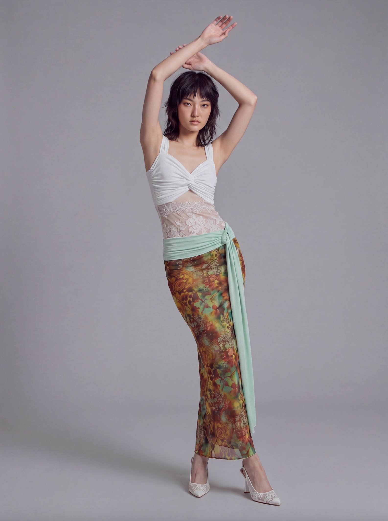 Twist Front Tank Top with Lace Panel Waist and Wide Shoulder Straps