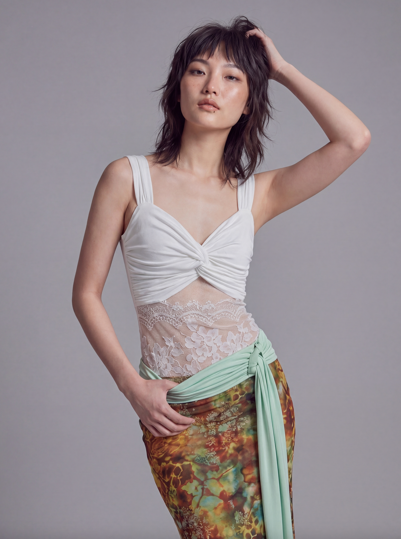 Twist Front Tank Top with Lace Panel Waist and Wide Shoulder Straps