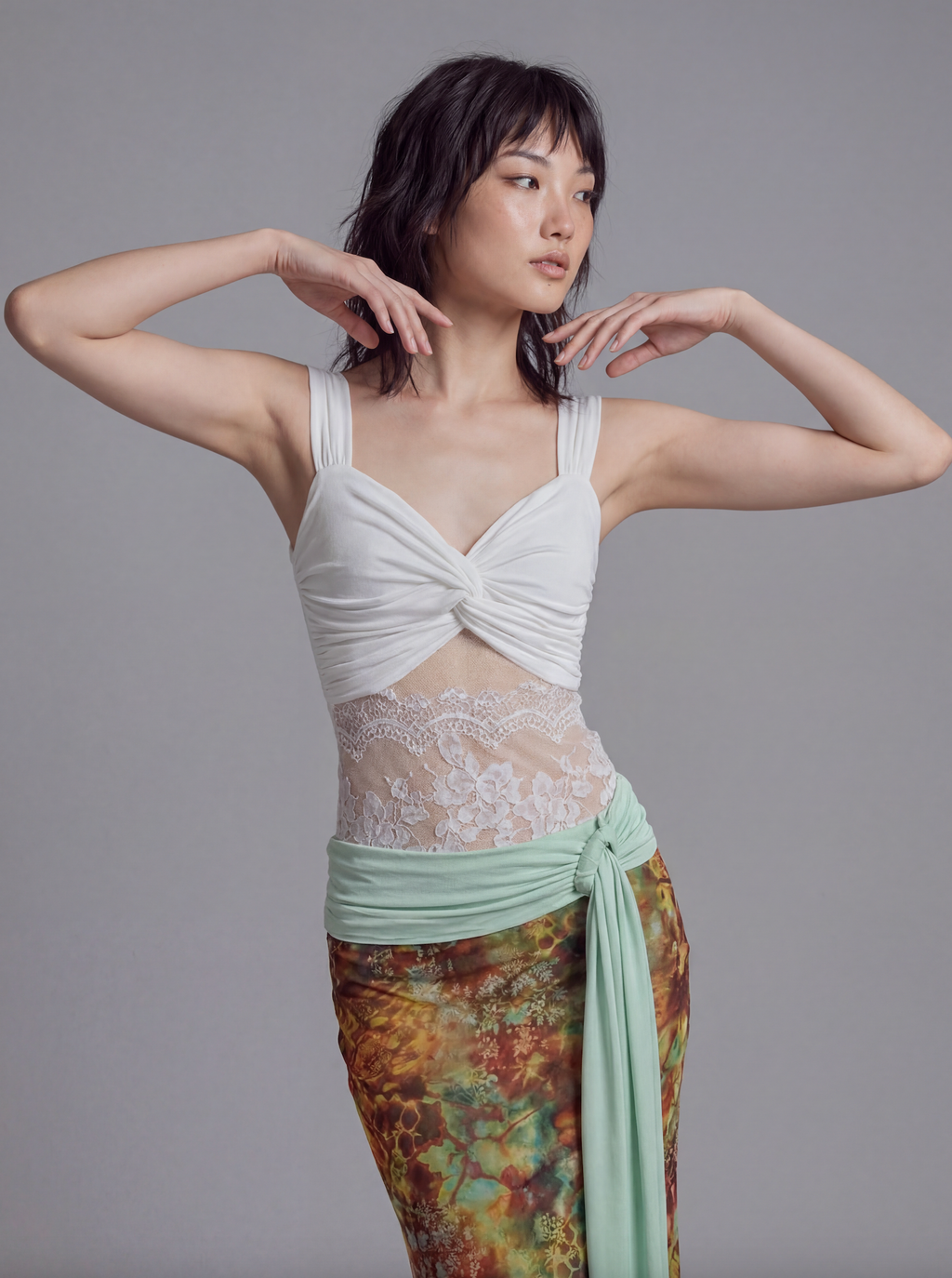 Twist Front Tank Top with Lace Panel Waist and Wide Shoulder Straps