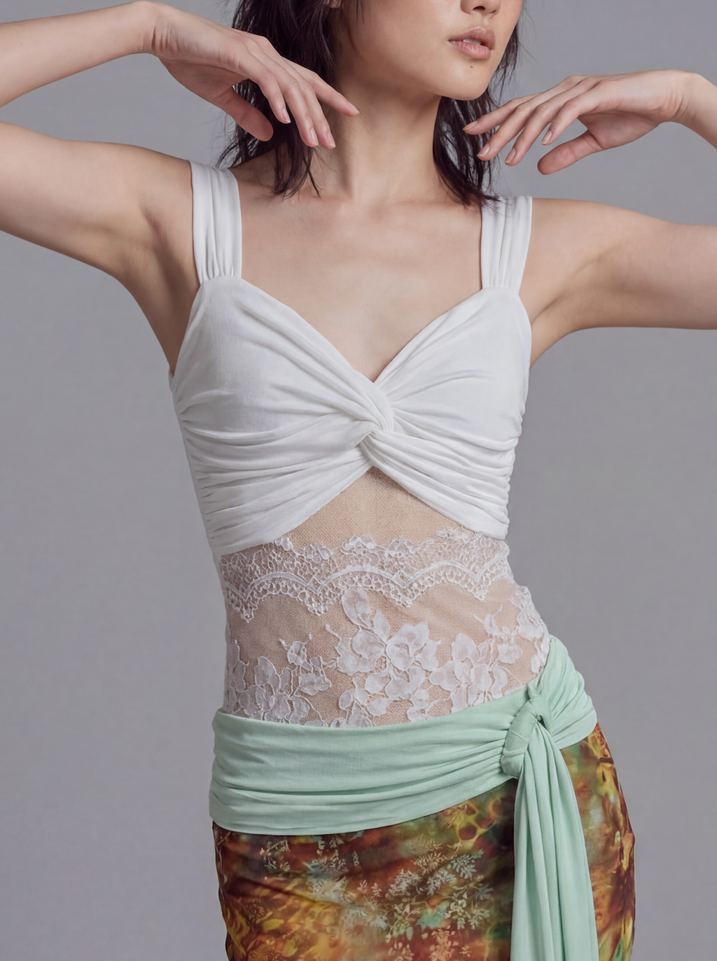 Twist Front Tank Top with Lace Panel Waist and Wide Shoulder Straps
