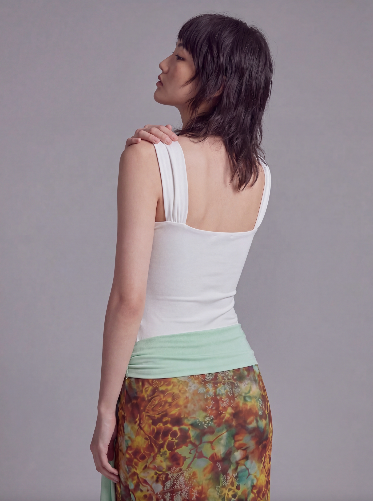 Twist Front Tank Top with Lace Panel Waist and Wide Shoulder Straps