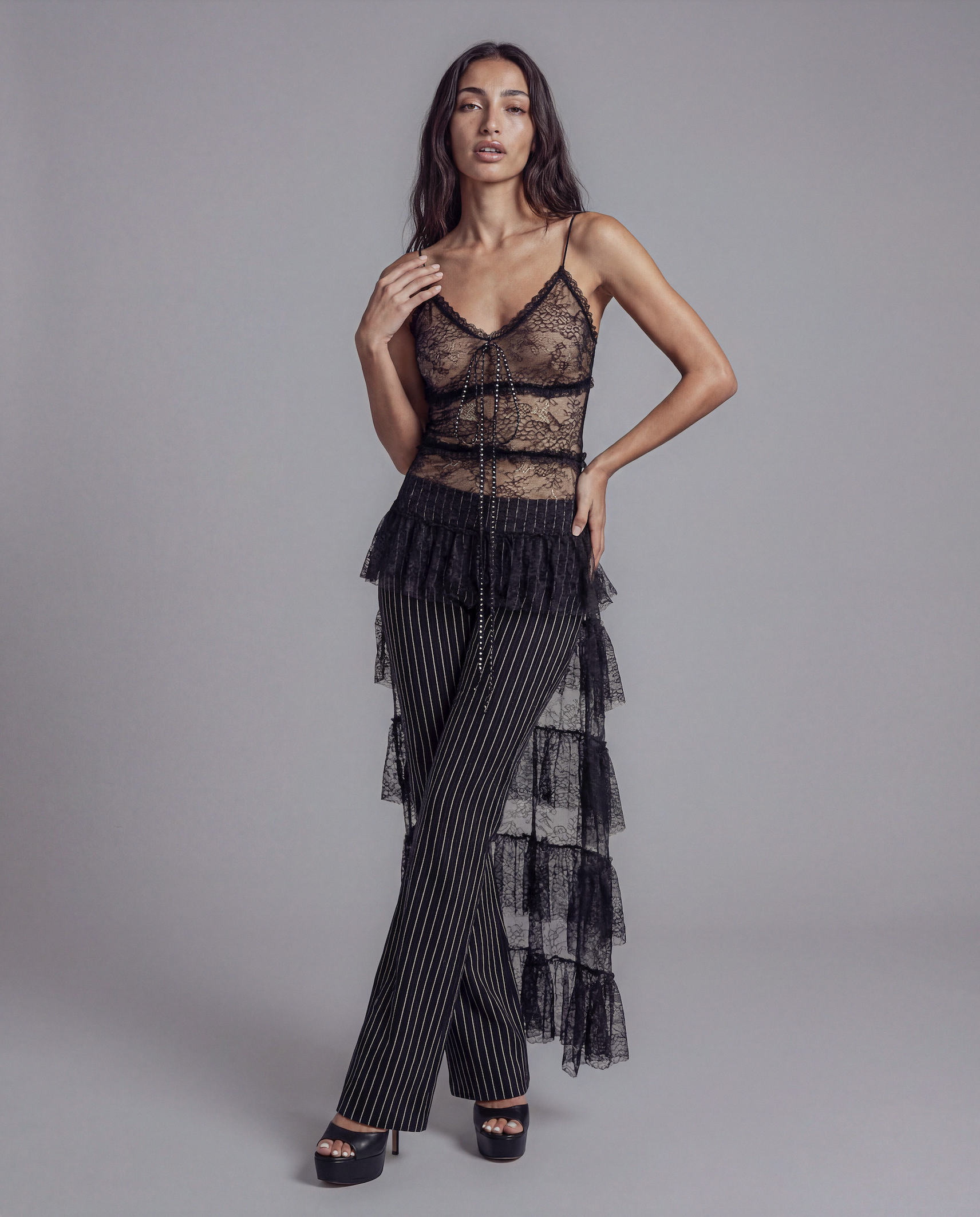 Sheer Lace Camisole Top with Ruffle Hem and Draped Train Detail