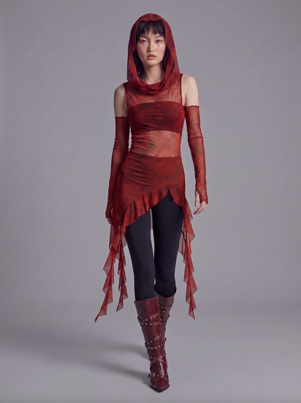 Sheer Mesh Hooded Top with Asymmetric Hem and Matching Arm Sleeves
