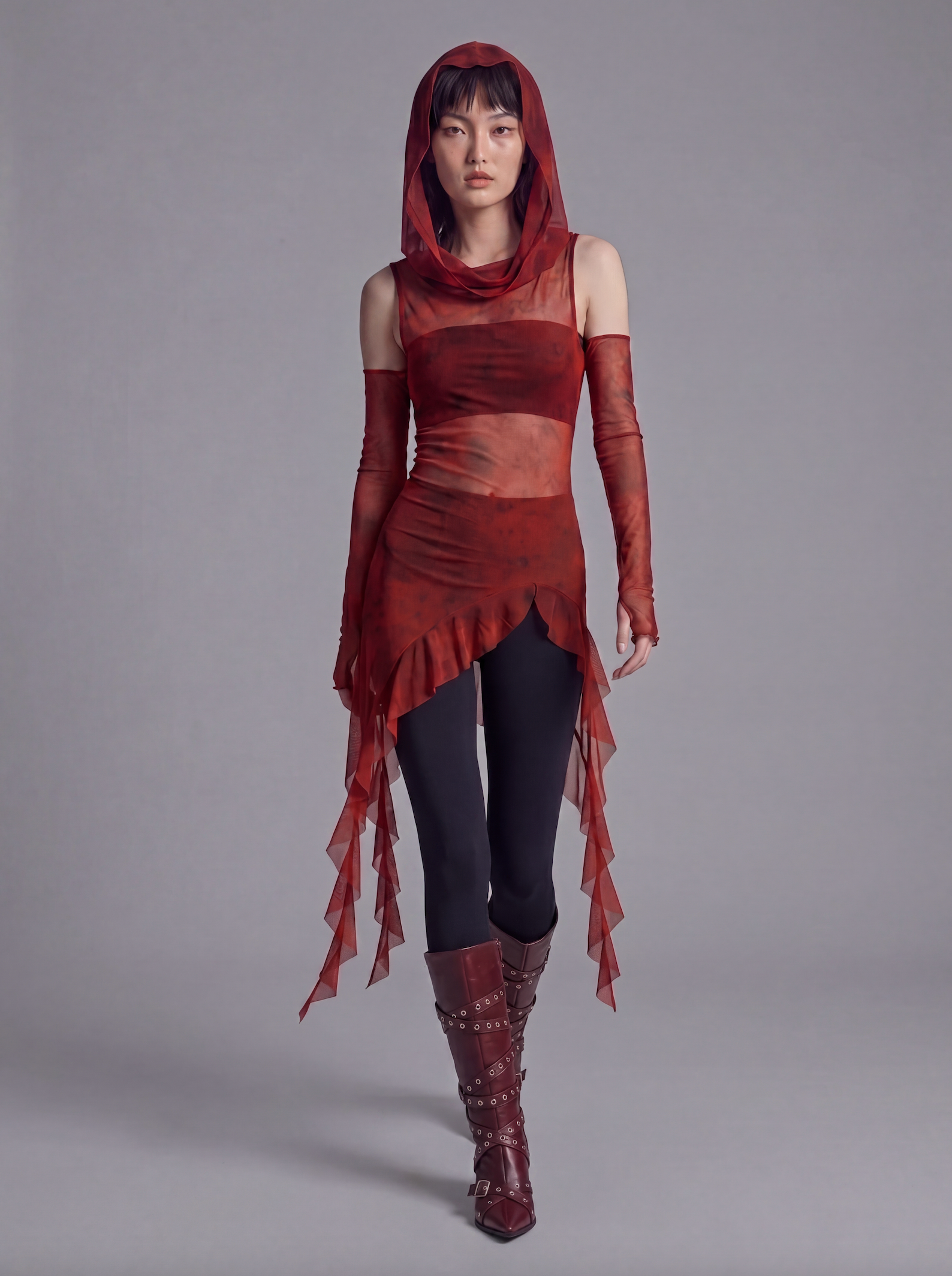 Sheer Mesh Hooded Top with Asymmetric Hem and Matching Arm Sleeves