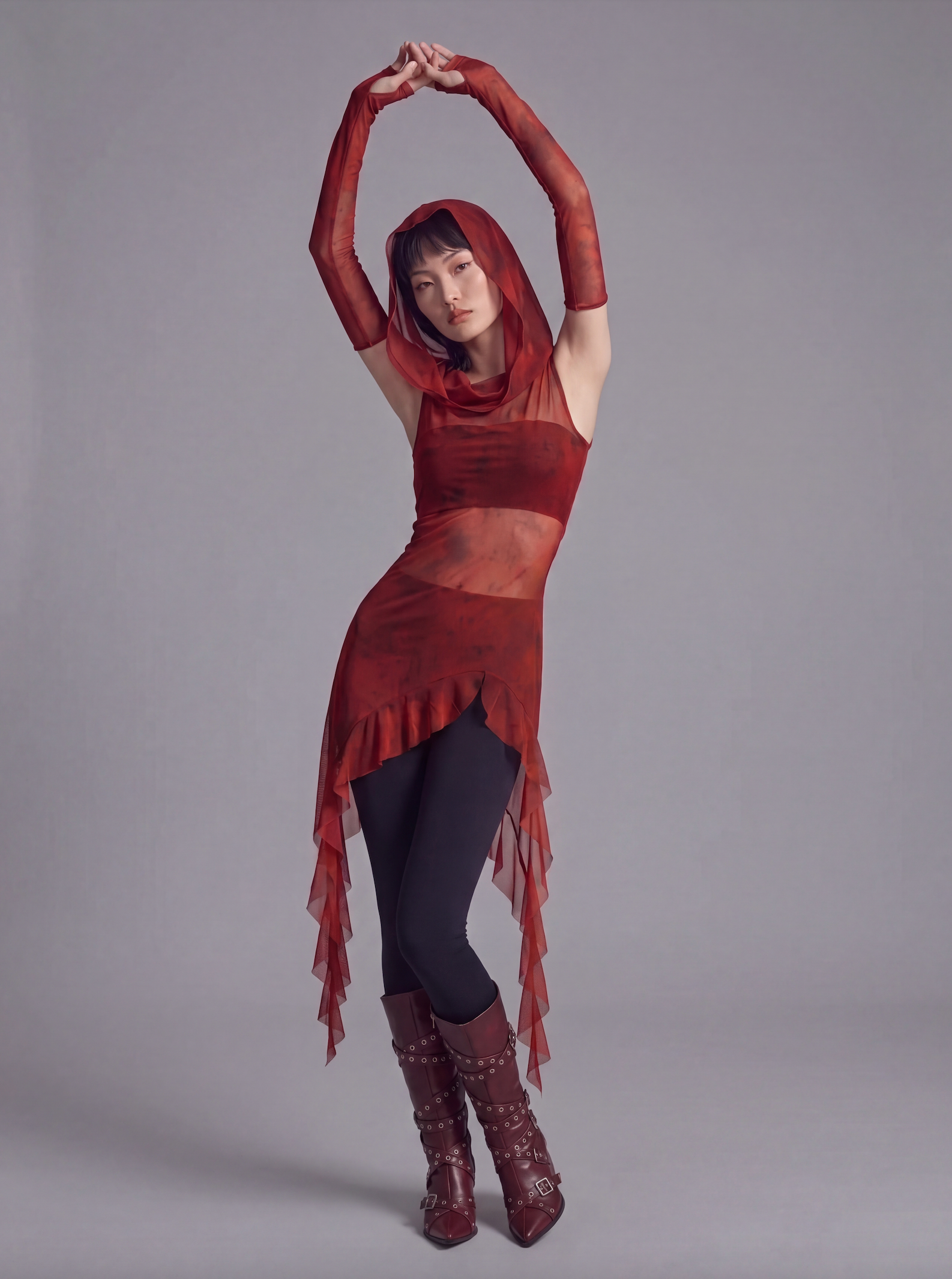 Sheer Mesh Hooded Top with Asymmetric Hem and Matching Arm Sleeves
