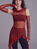 Sheer Mesh Hooded Top with Asymmetric Hem and Matching Arm Sleeves