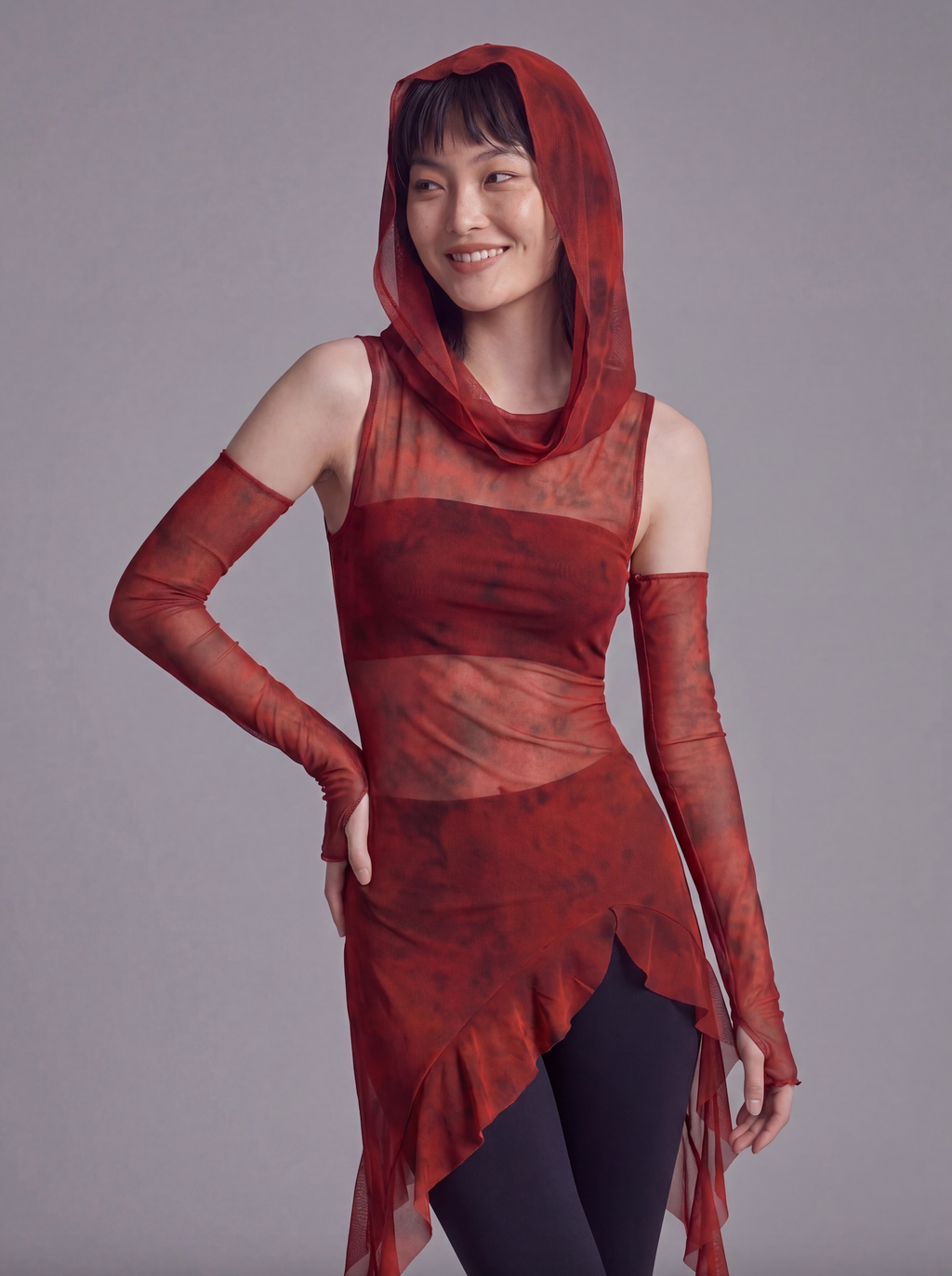 Sheer Mesh Hooded Top with Asymmetric Hem and Matching Arm Sleeves