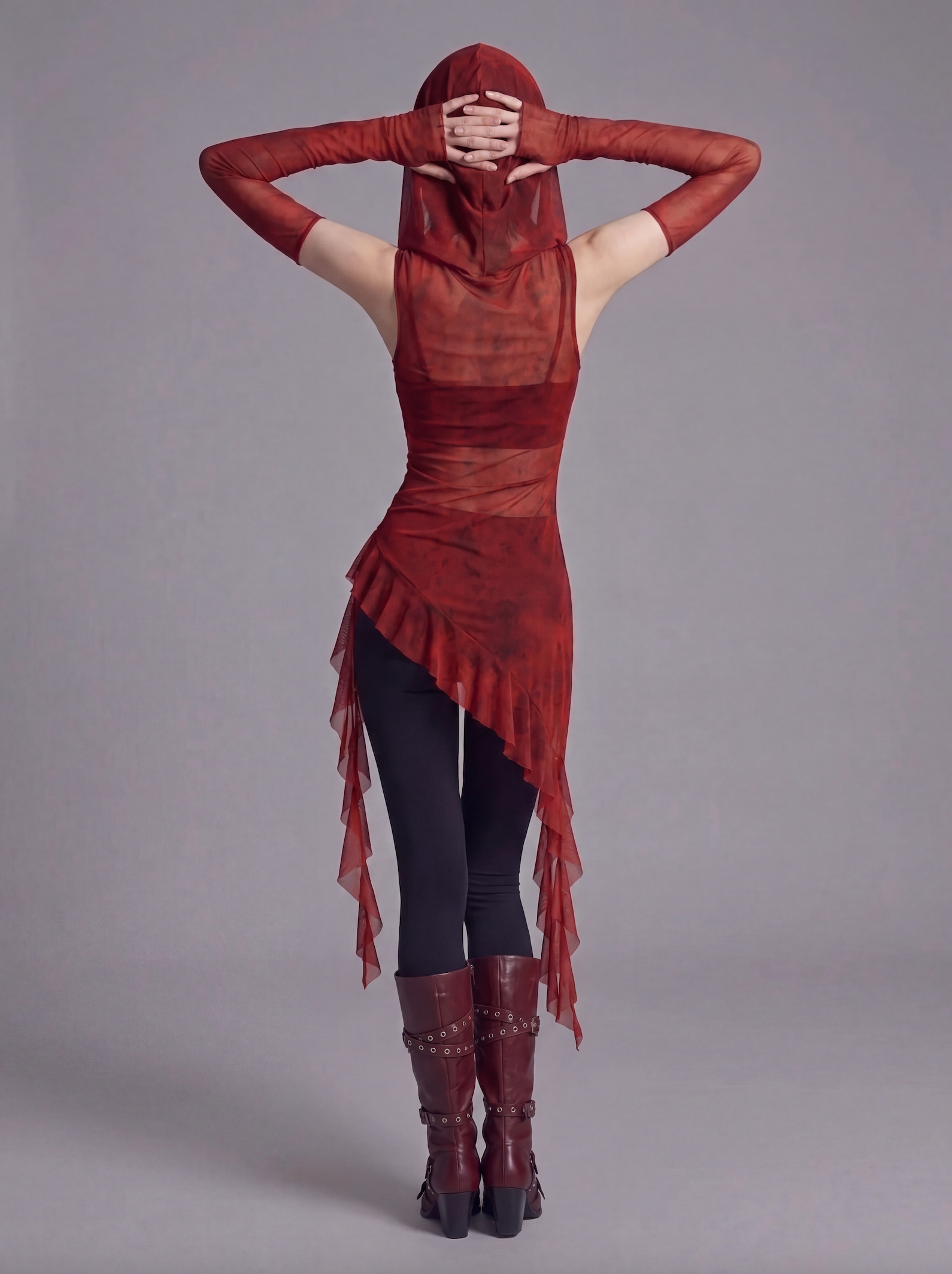 Sheer Mesh Hooded Top with Asymmetric Hem and Matching Arm Sleeves