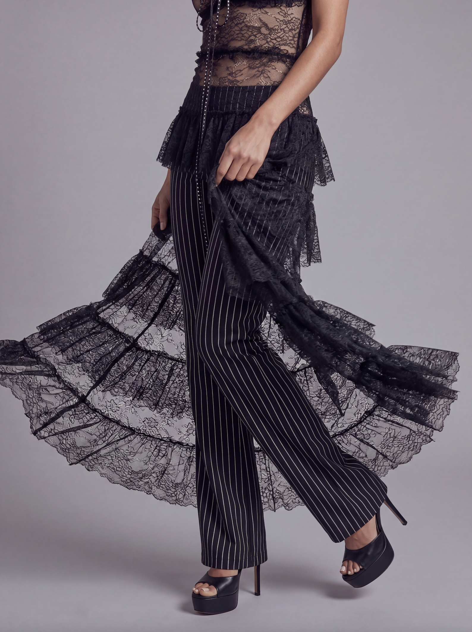 Sheer Lace Camisole Top with Ruffle Hem and Draped Train Detail