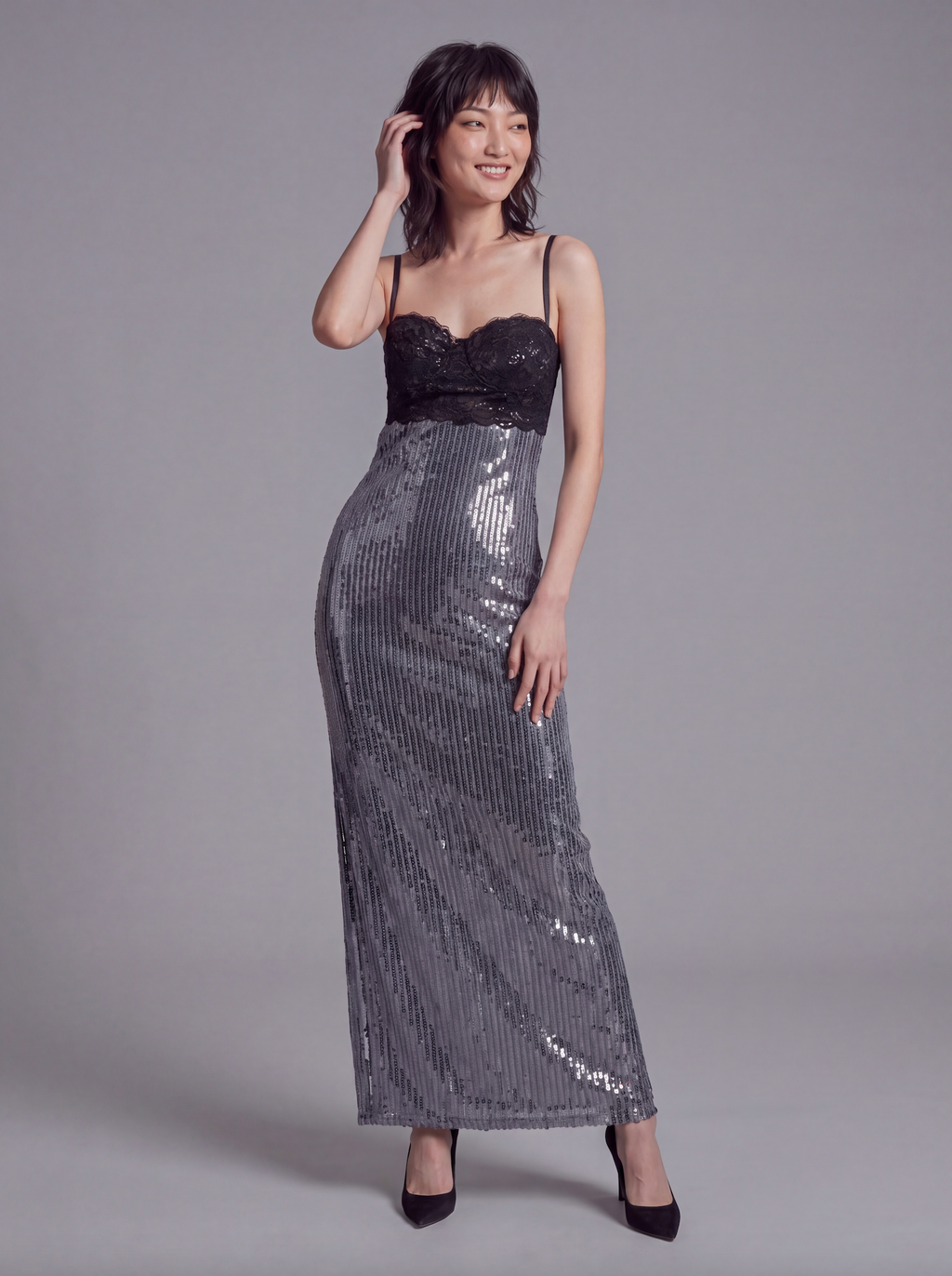 Sequin Maxi Dress with Lace Bustier Top and Strappy Open Back Detail
