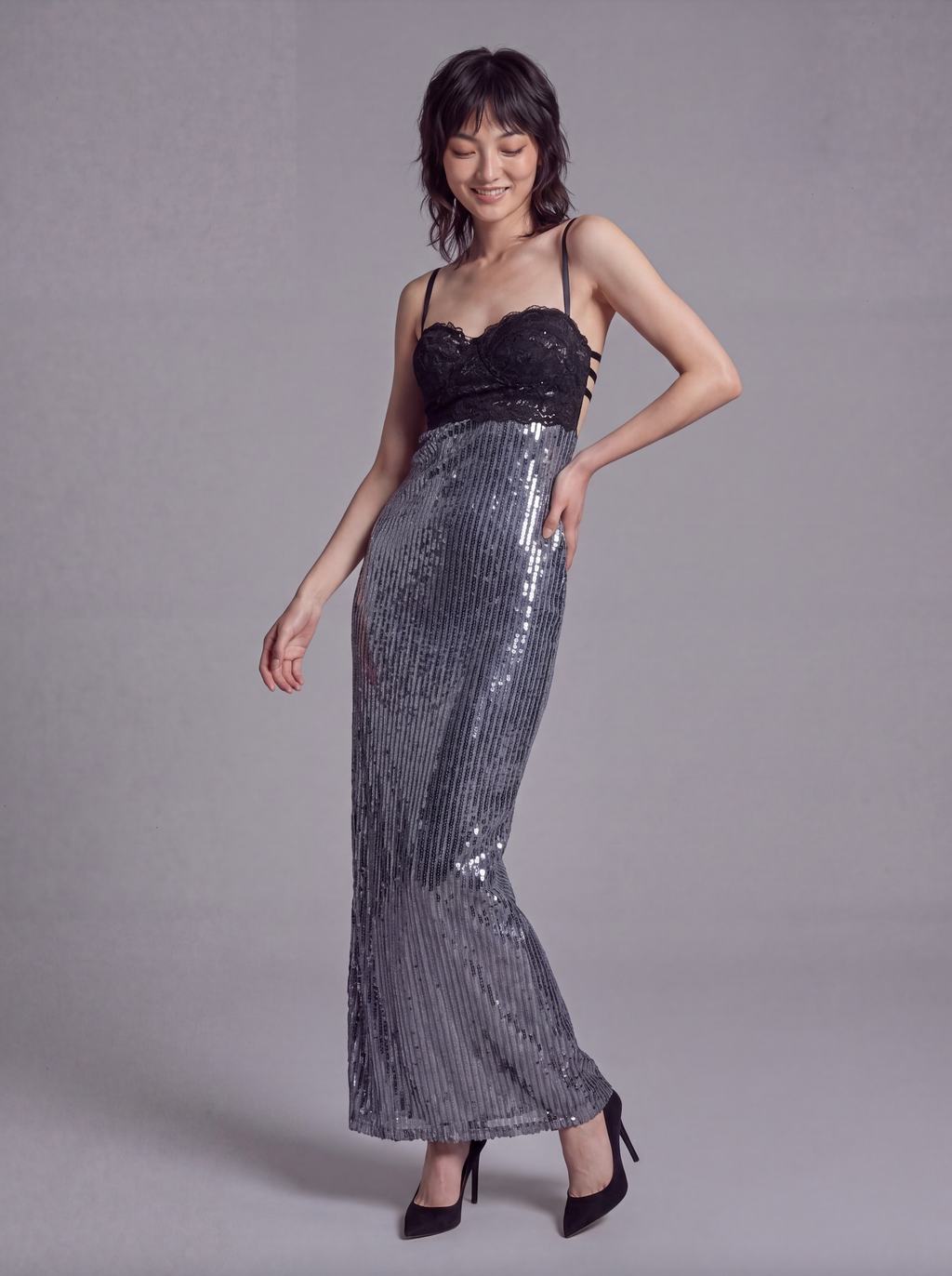 Sequin Maxi Dress with Lace Bustier Top and Strappy Open Back Detail
