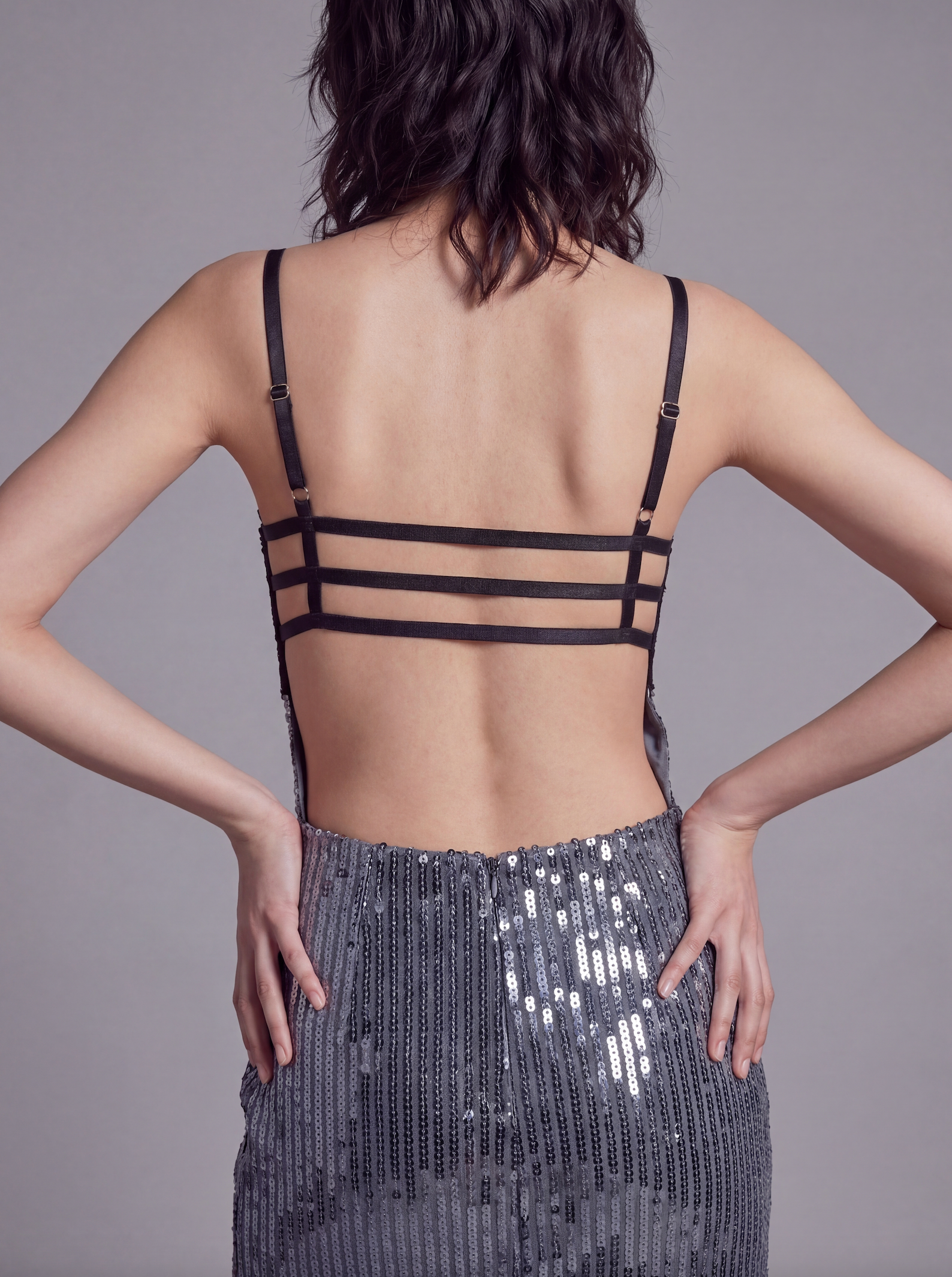 Sequin Maxi Dress with Lace Bustier Top and Strappy Open Back Detail
