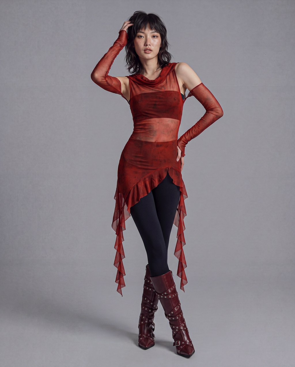 Sheer Mesh Hooded Top with Asymmetric Hem and Matching Arm Sleeves