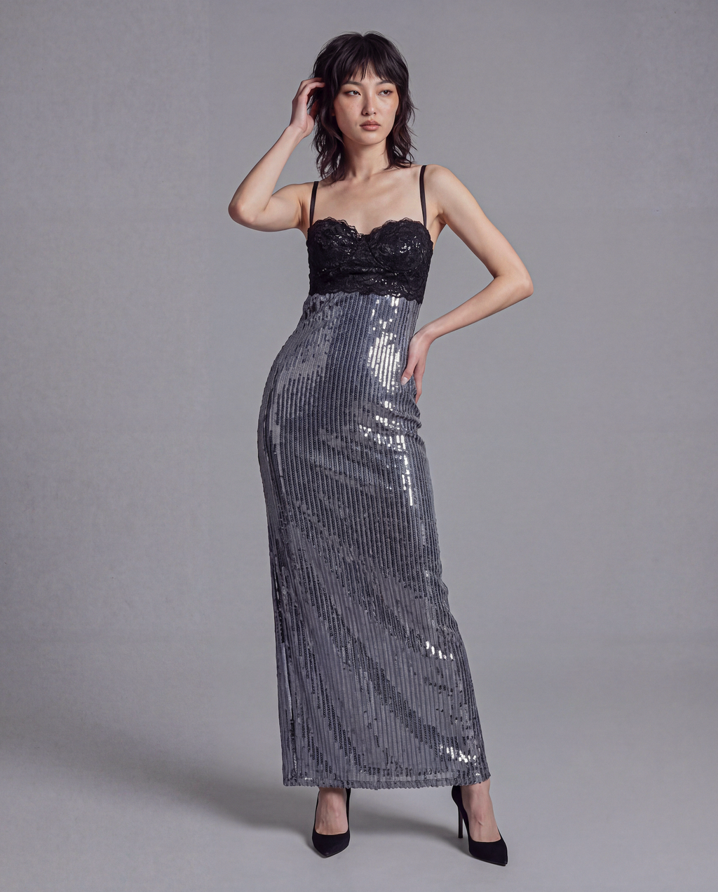 Sequin Maxi Dress with Lace Bustier Top and Strappy Open Back Detail