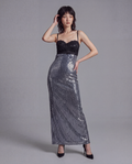 Sequin Maxi Dress with Lace Bustier Top and Strappy Open Back Detail