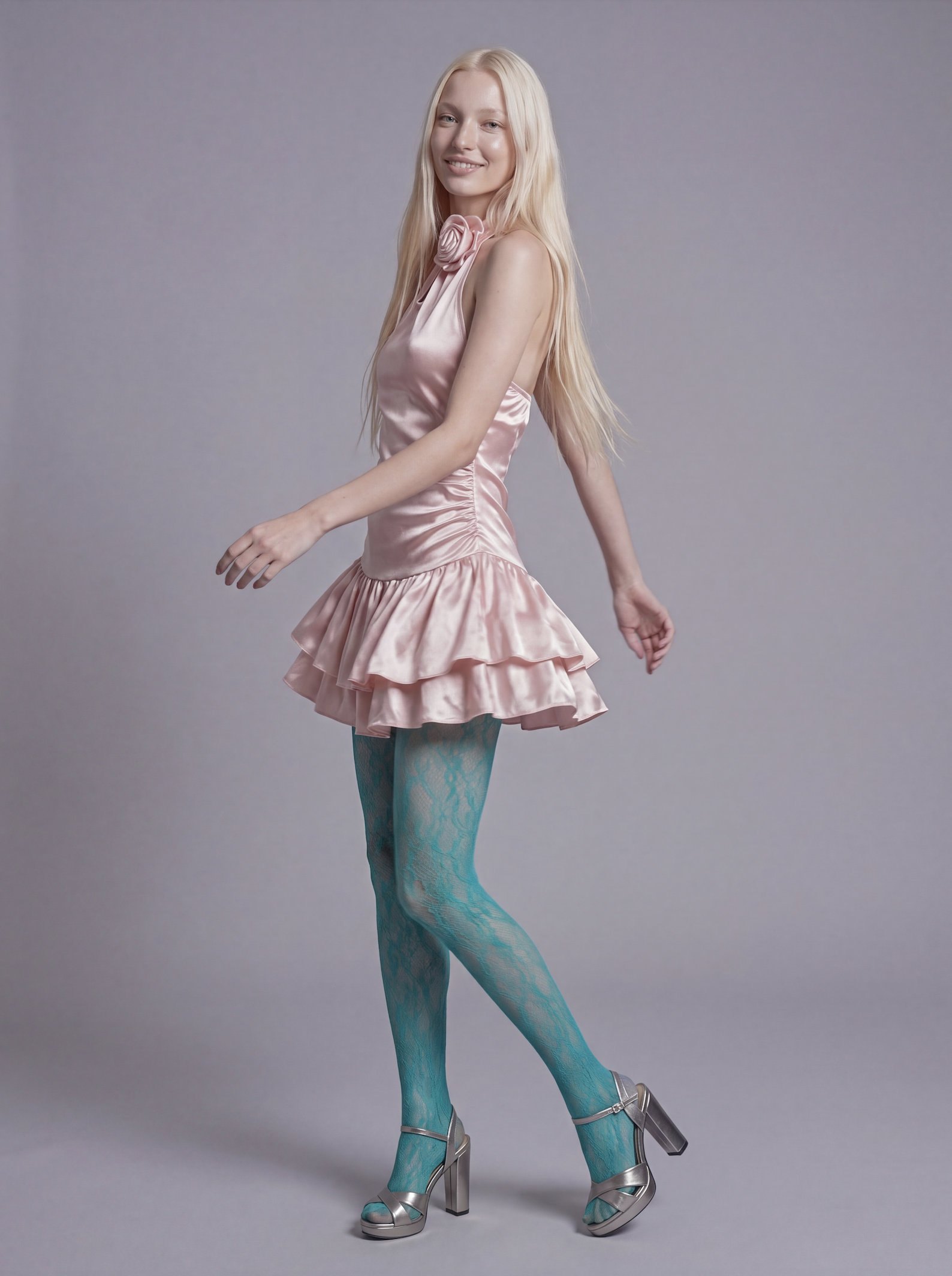 Satin Halter Mini Dress with Rosette Detail and Tiered Ruffle Hem