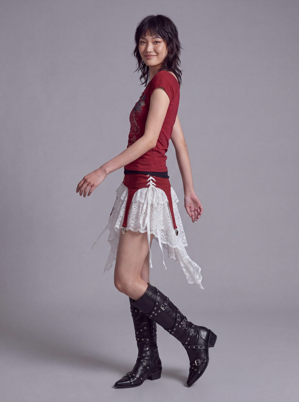 Lace Layered Mini Skirt with Corset Waist and Asymmetric Panels