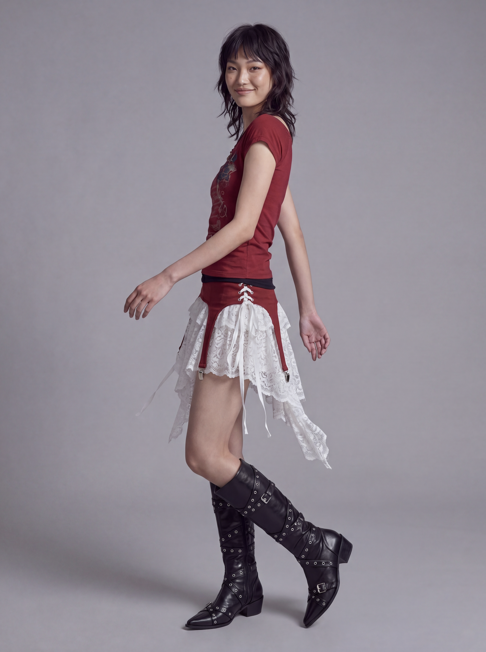 Lace Layered Mini Skirt with Corset Waist and Asymmetric Panels