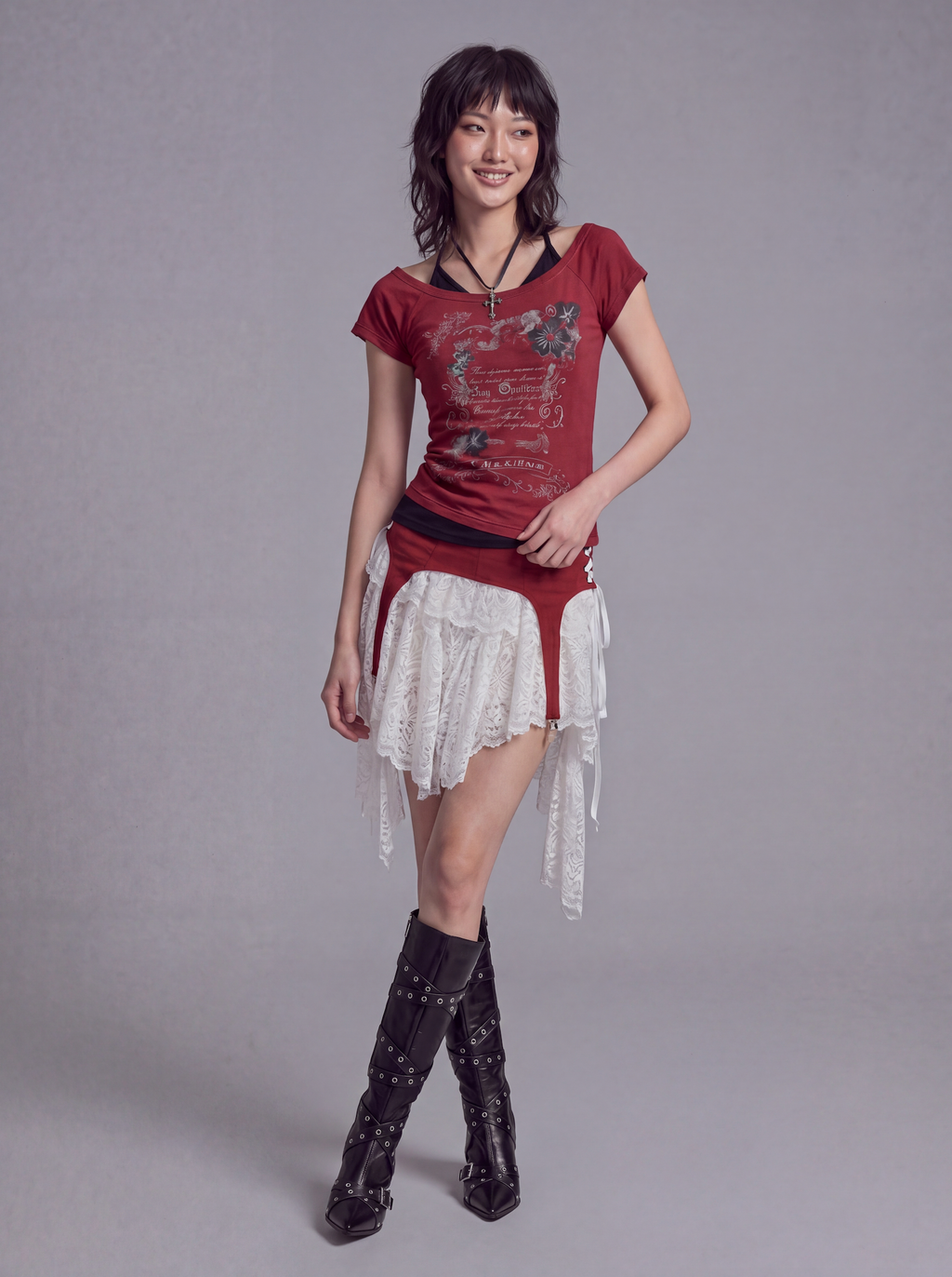 Lace Layered Mini Skirt with Corset Waist and Asymmetric Panels