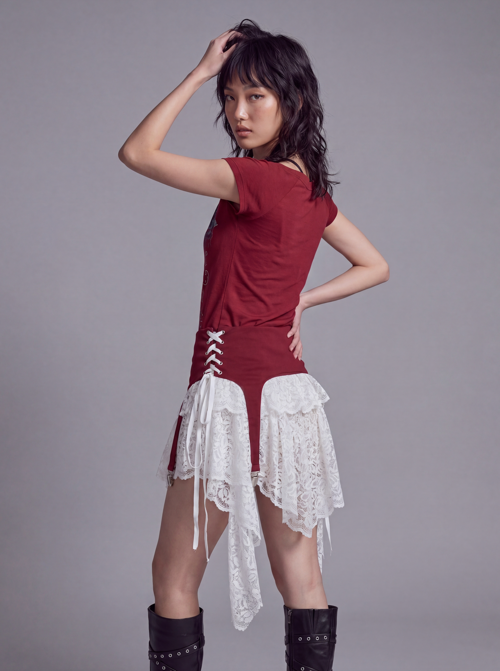 Lace Layered Mini Skirt with Corset Waist and Asymmetric Panels