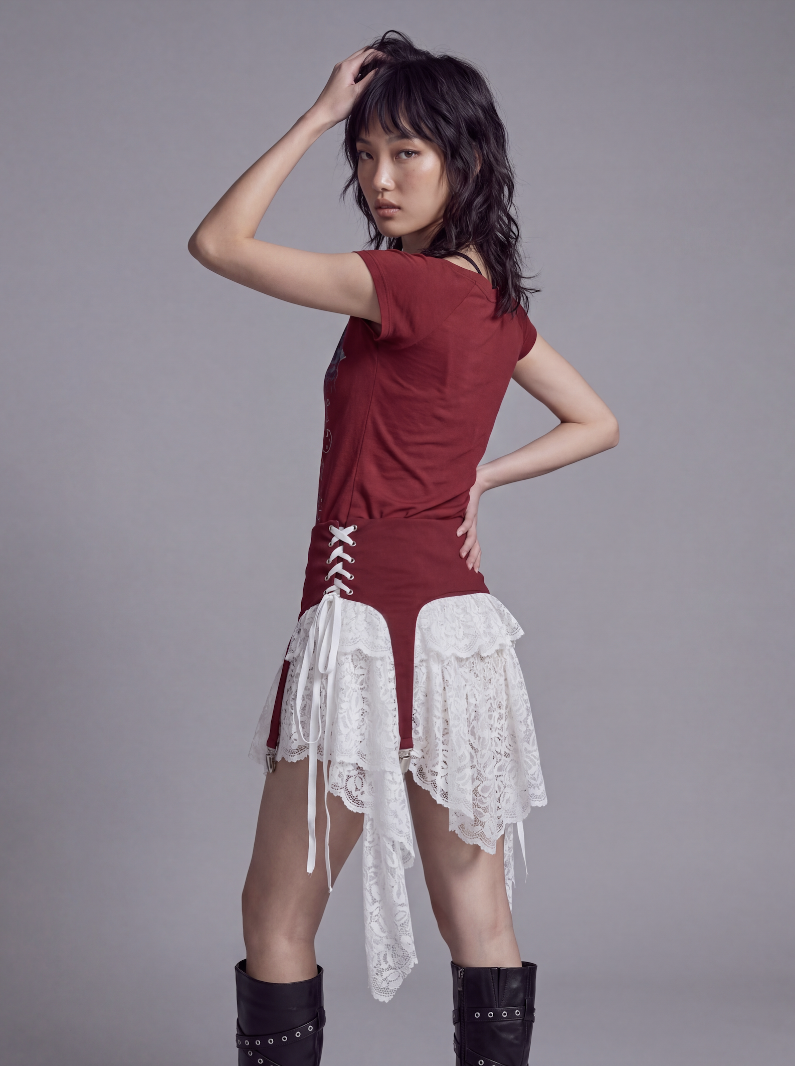 Lace Layered Mini Skirt with Corset Waist and Asymmetric Panels