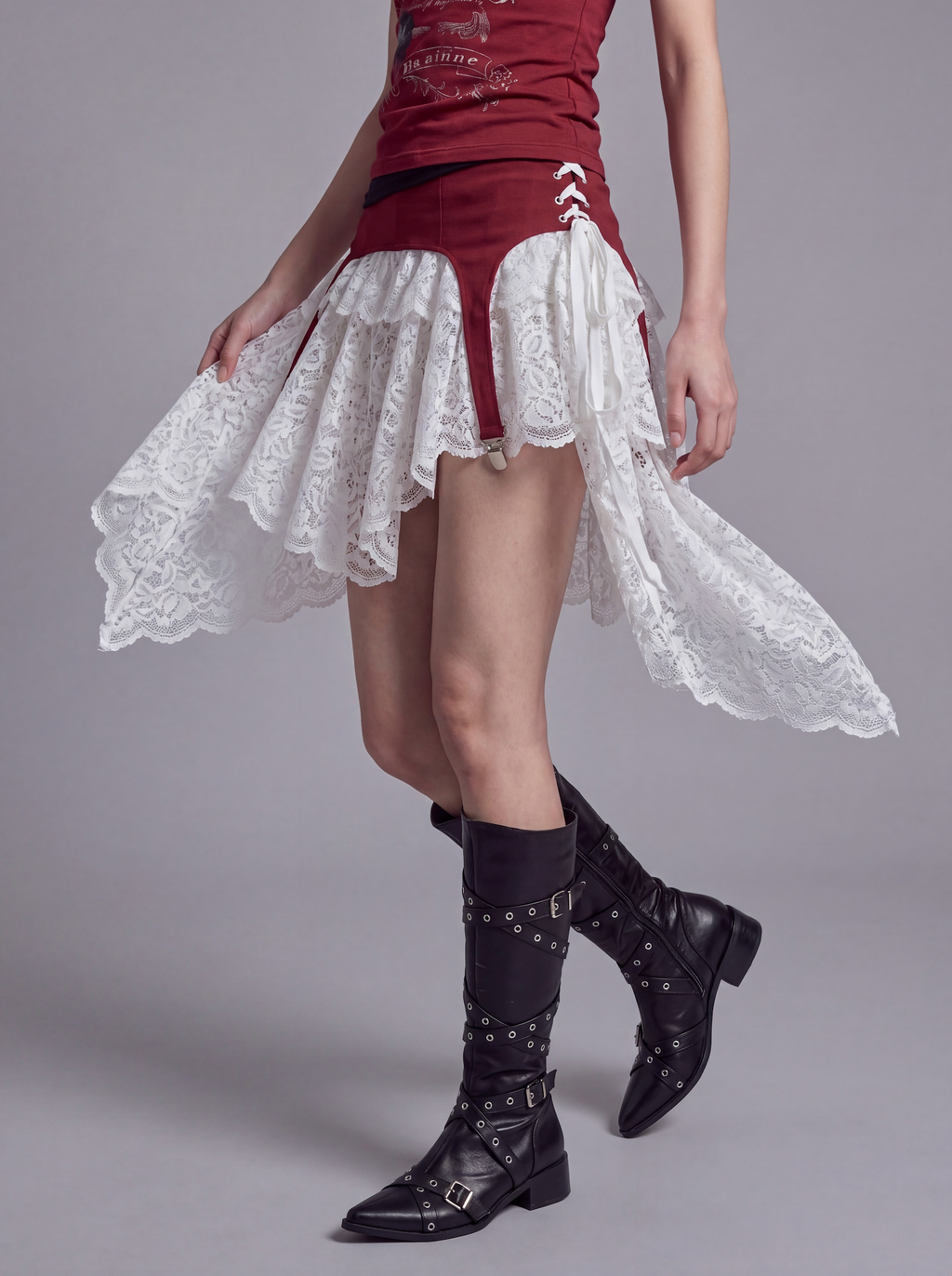 Lace Layered Mini Skirt with Corset Waist and Asymmetric Panels