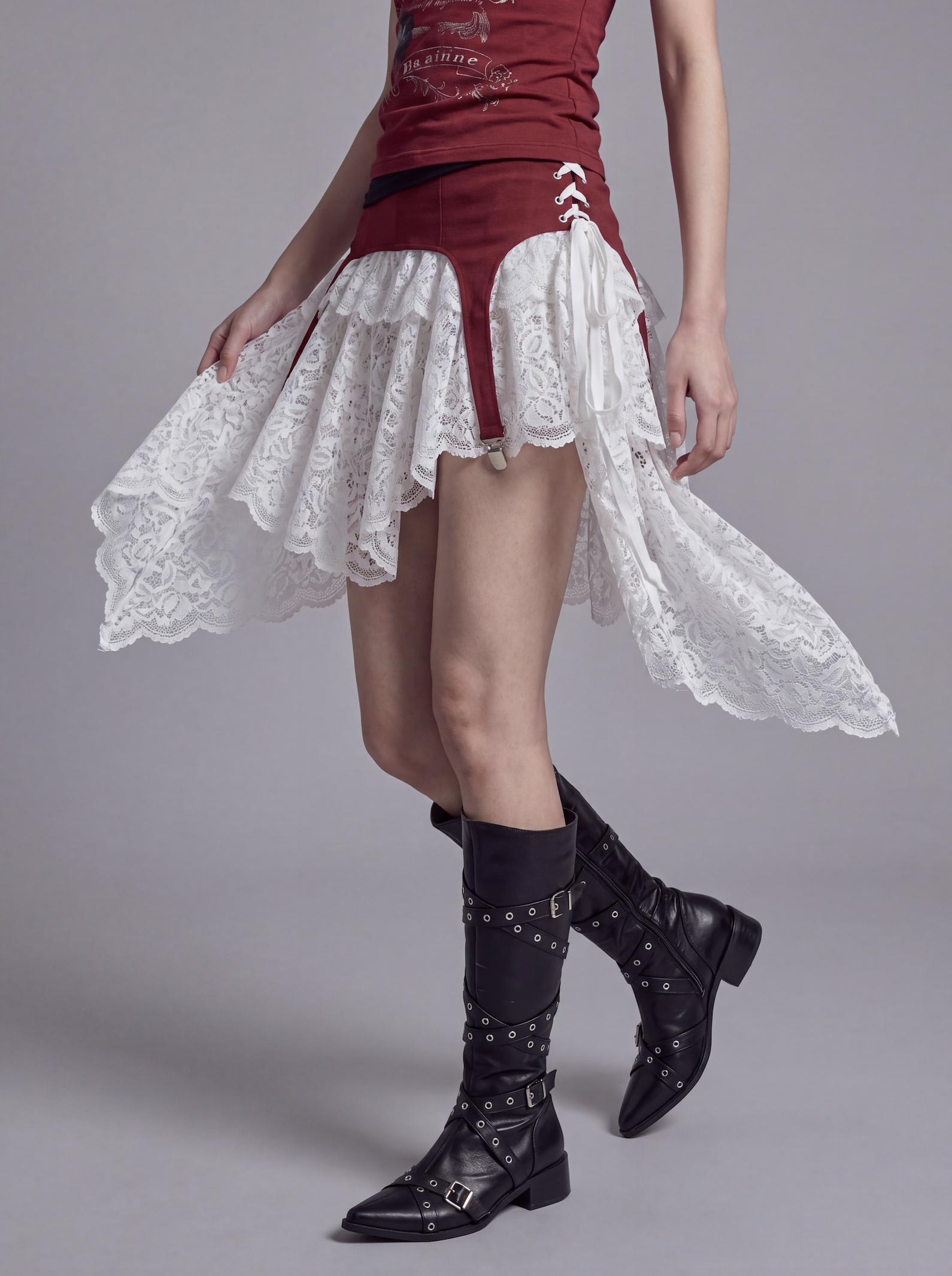 Lace Layered Mini Skirt with Corset Waist and Asymmetric Panels