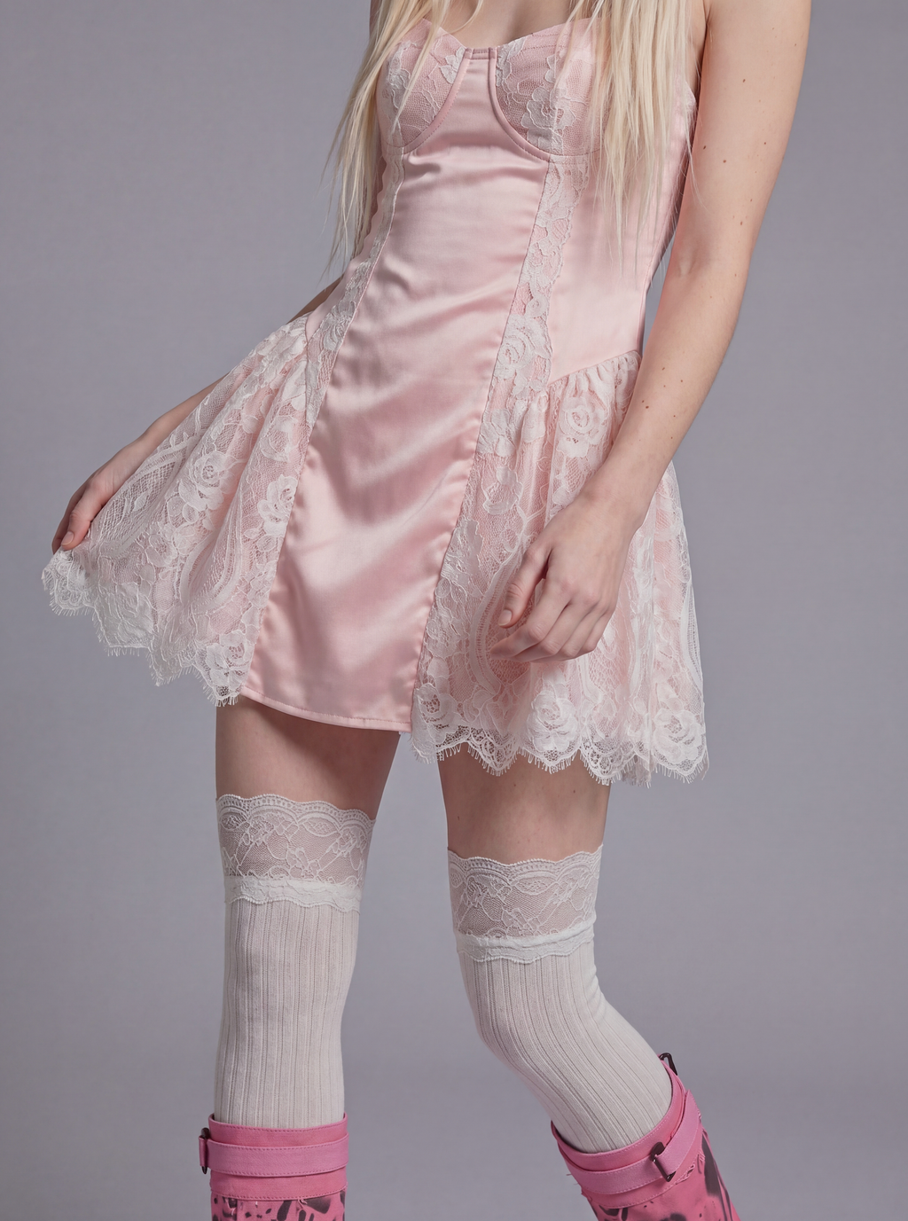 Lace Panel Mini Dress with Satin Bodice and Flared Sheer Skirt