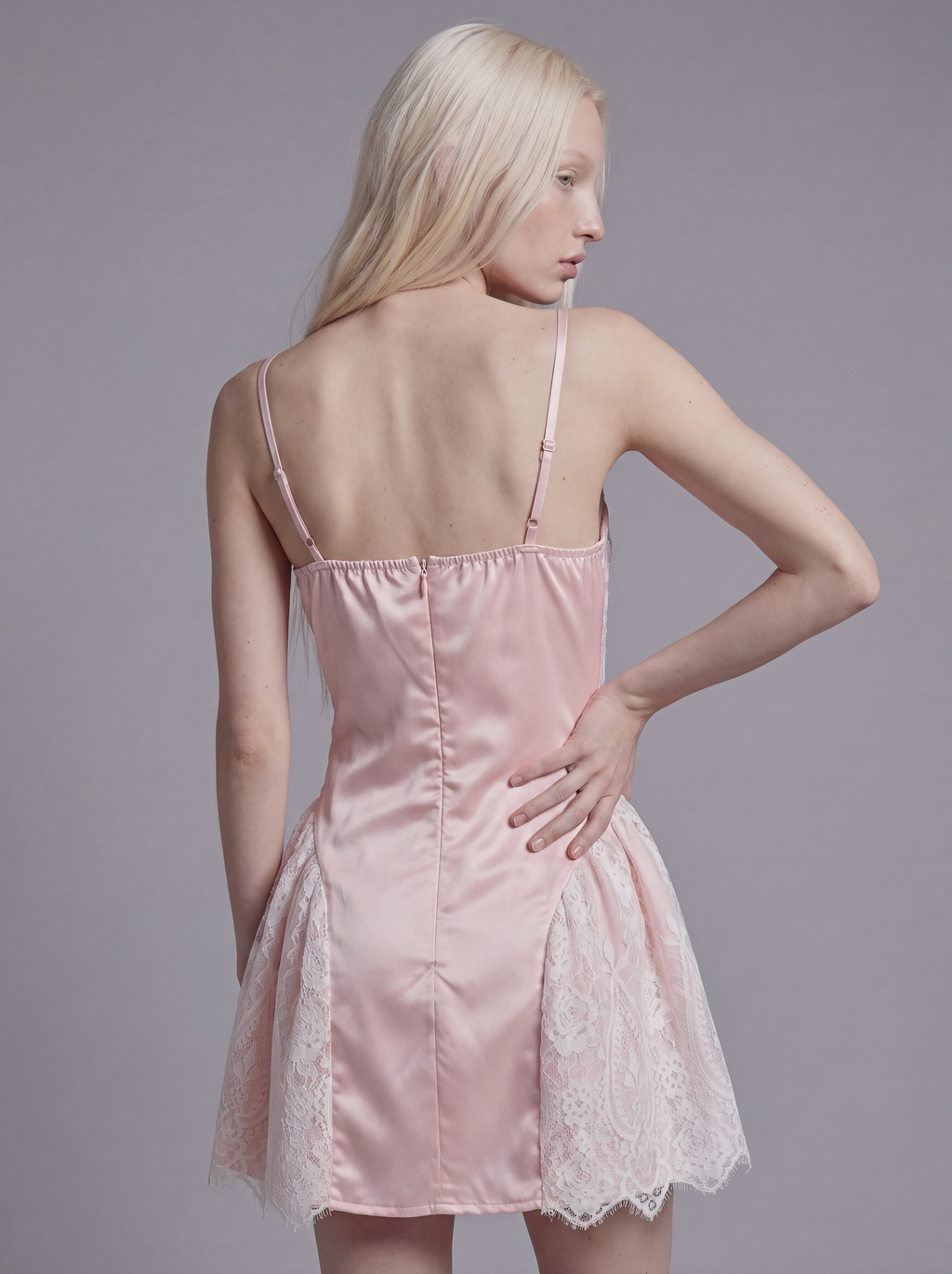 Lace Panel Mini Dress with Satin Bodice and Flared Sheer Skirt