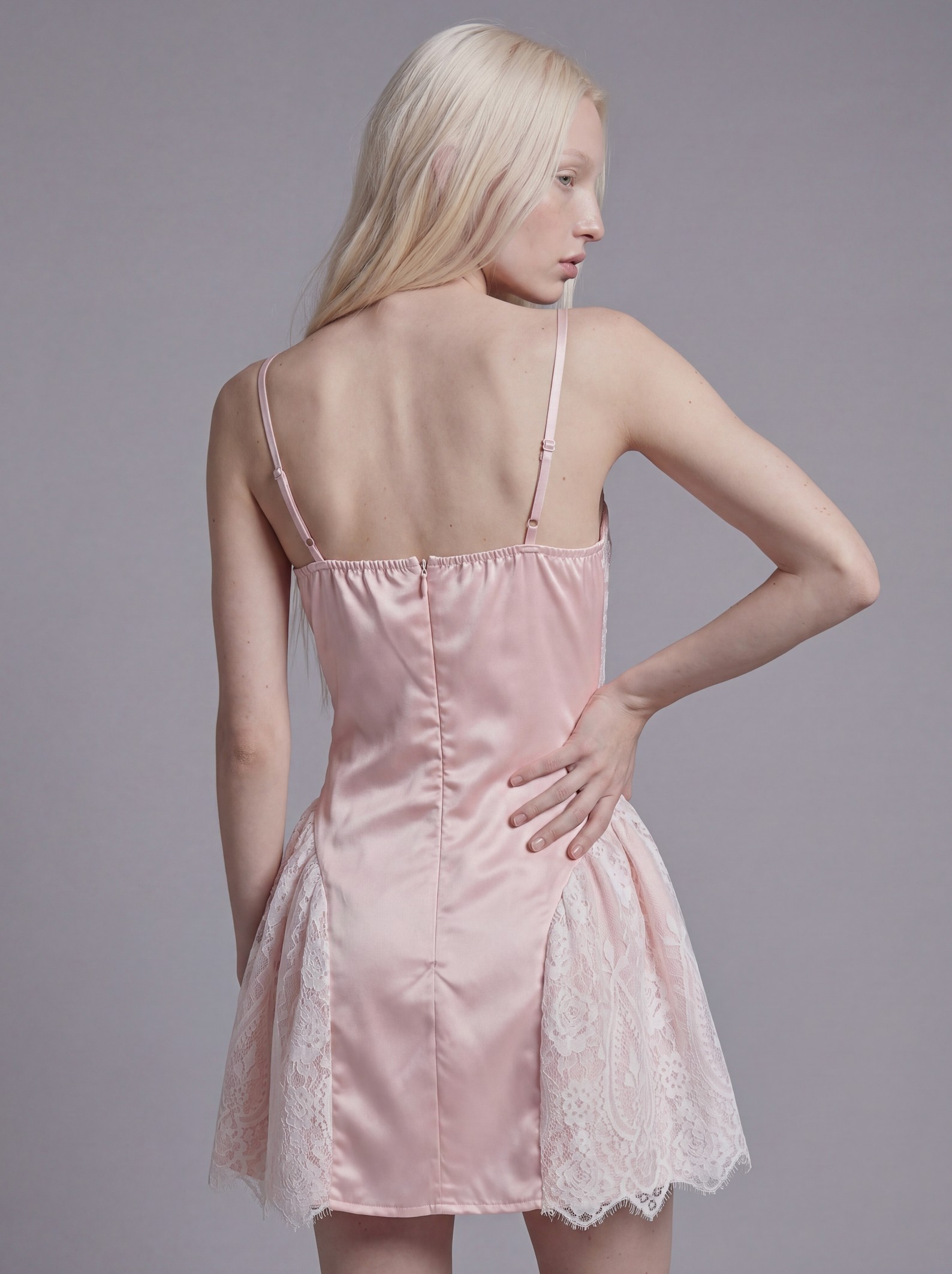 Lace Panel Mini Dress with Satin Bodice and Flared Sheer Skirt